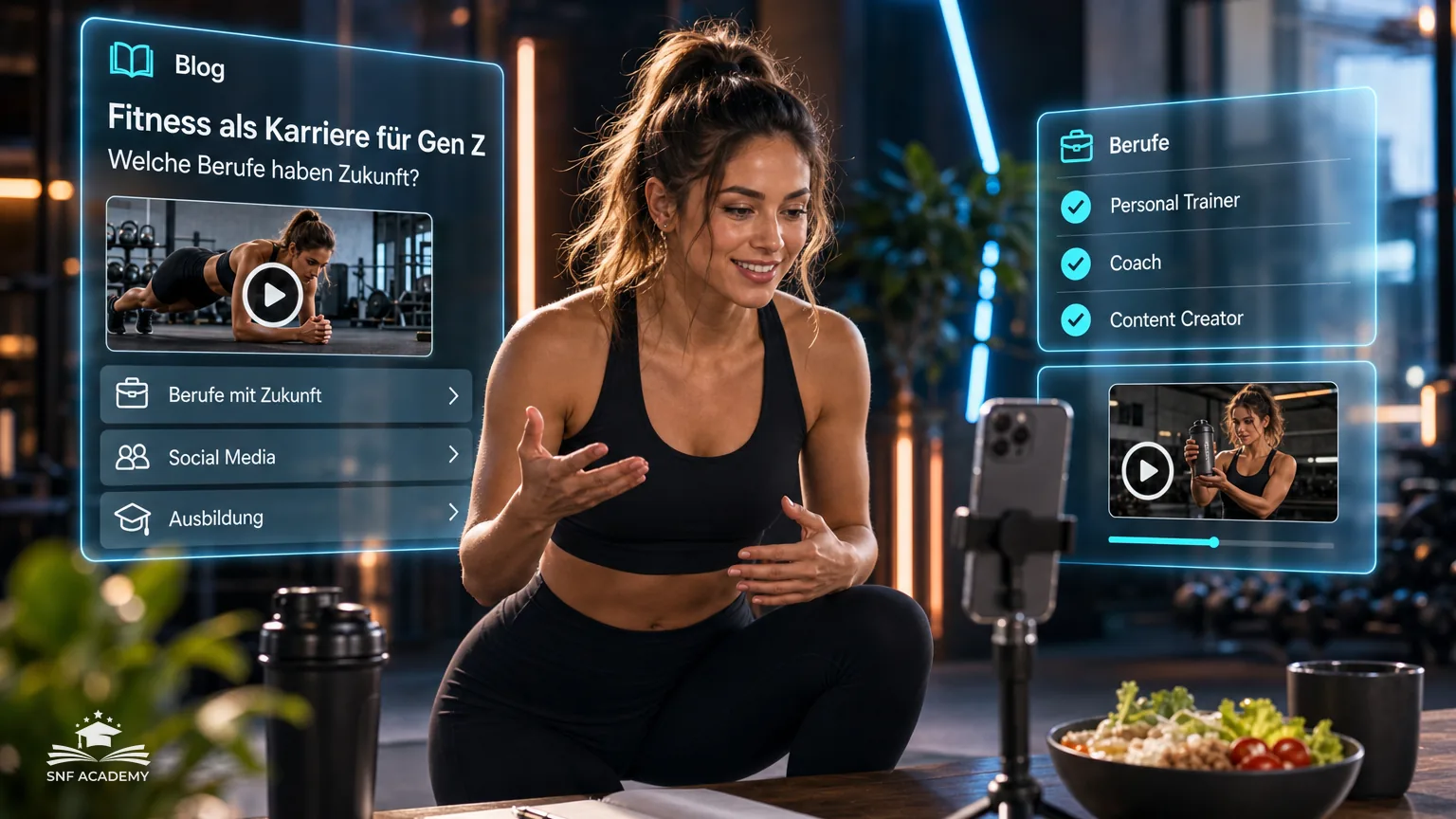 Junge Personal Trainerin filmt einen Workout-Clip mit dem Smartphone, urbanes Studio mit Neonakzenten – Fitness als Karriere für Gen Z