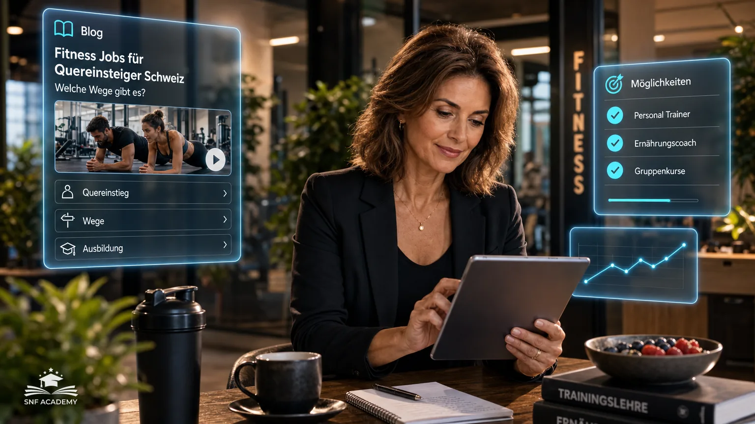 Frau Mitte 40 im Bürooutfit blickt motiviert auf ihr Tablet mit Jobangeboten, Fitnessstudio-Eingang im Hintergrund – Fitness Jobs für Quereinsteiger Schweiz