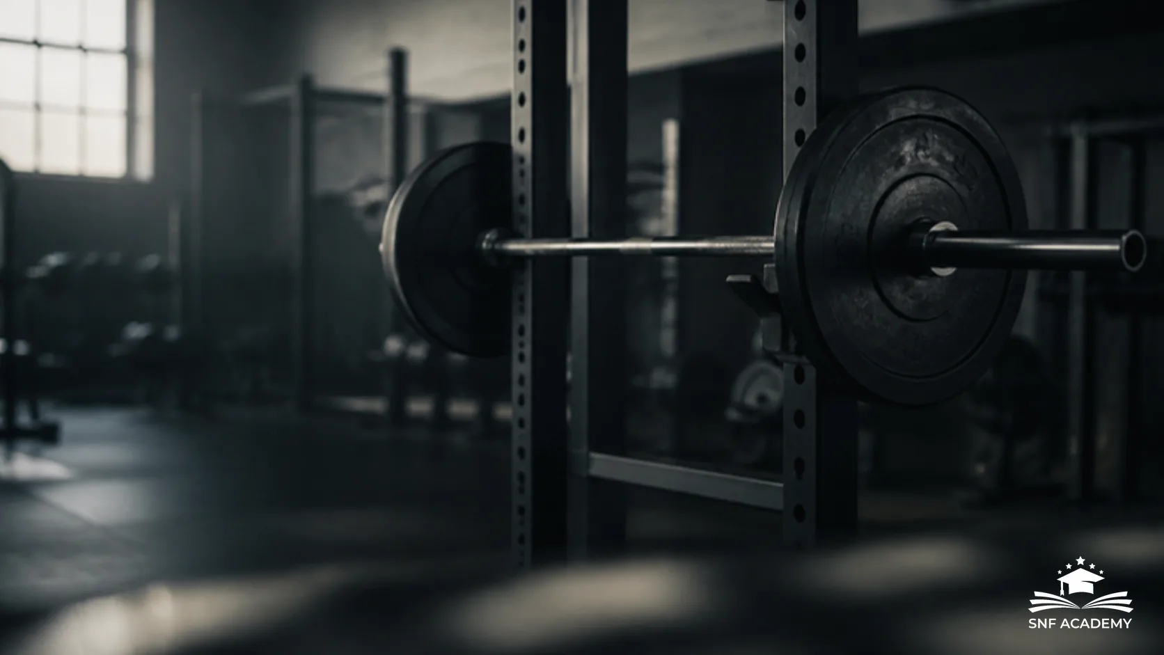 Langhantel im Rack eines dunklen Fitnessstudios im Morgenlicht