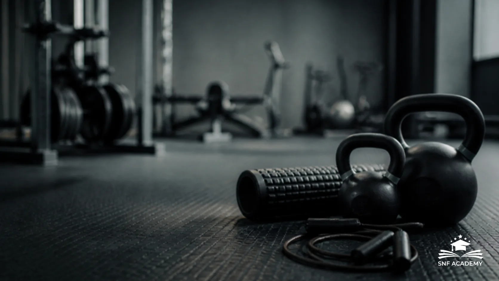 Kettlebells, Foam Roller und Springseil in einem Fitnessraum