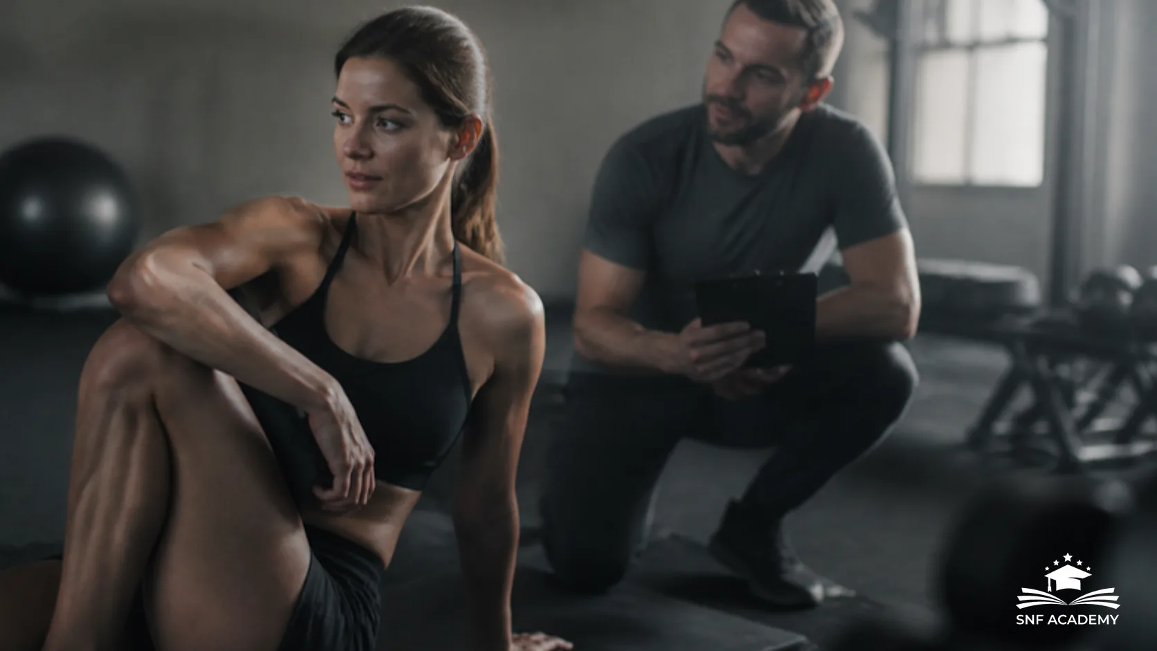 Fitnesscoach begleitet Kundin bei einer Mobilitätsübung im Fitnessstudio