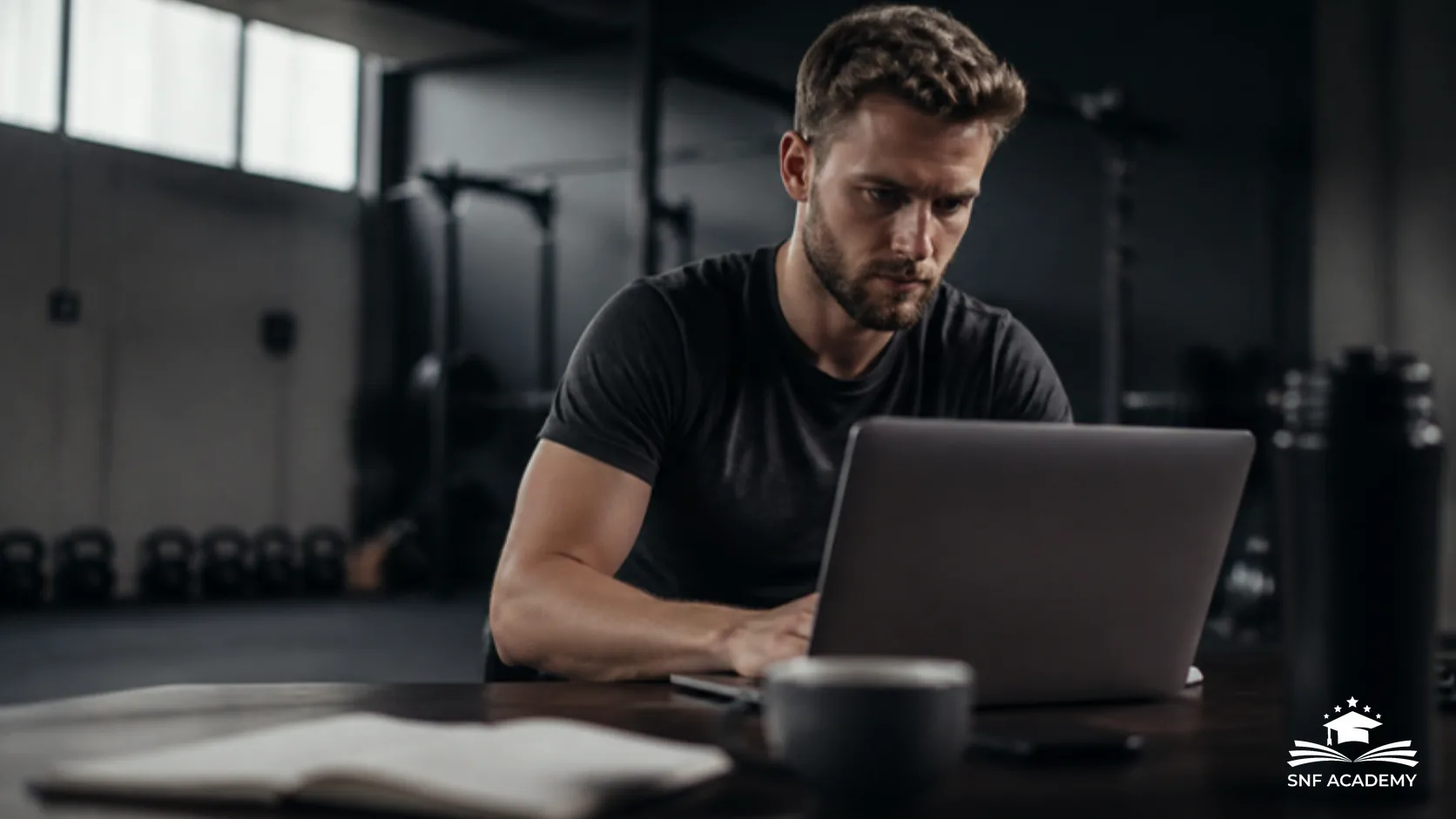 Fitnesscoach plant am Laptop sein eigenes Business im Studio