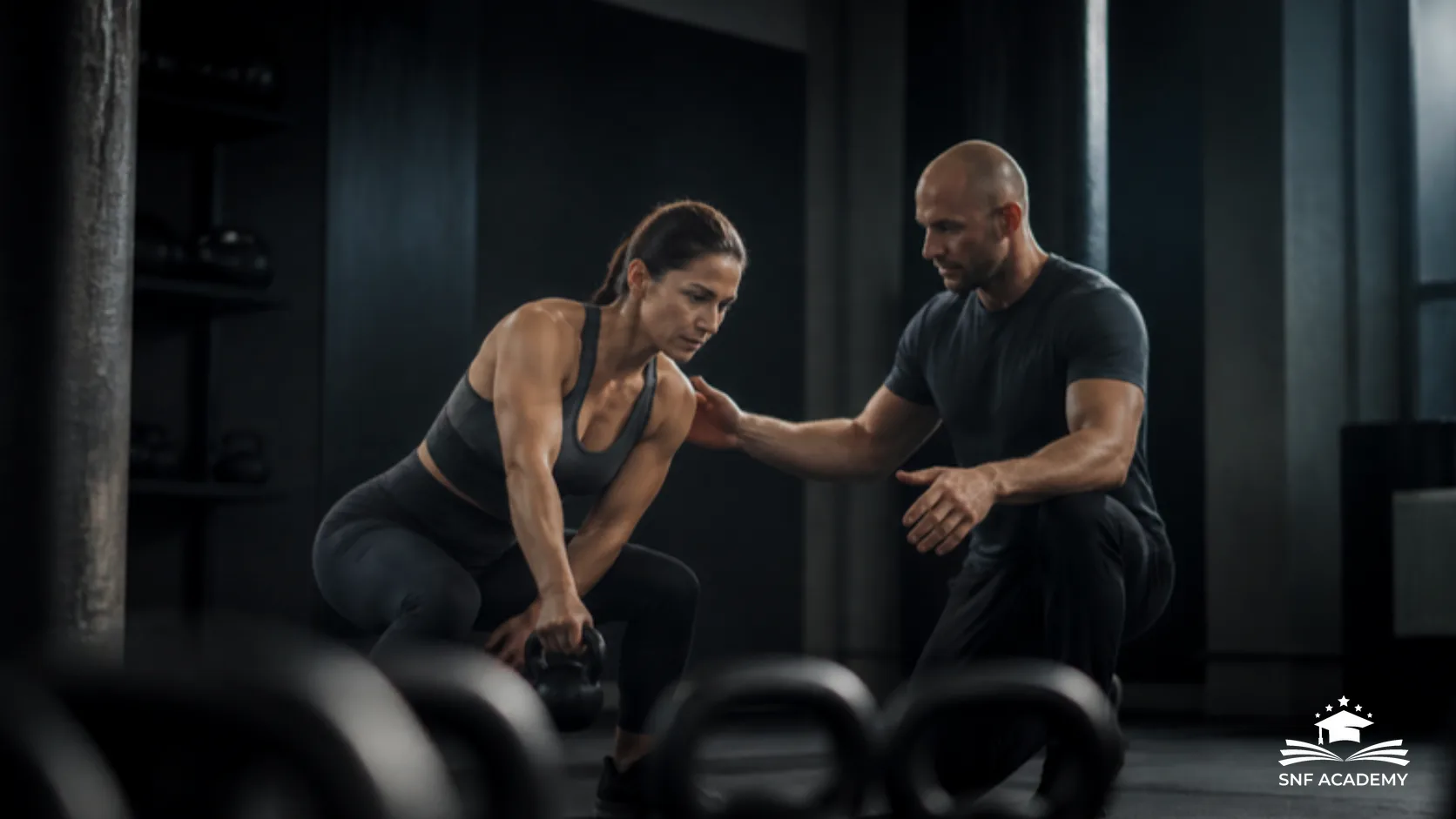 Fitnesscoaching: Coach begleitet Kundin bei einer Kettlebell-Übung