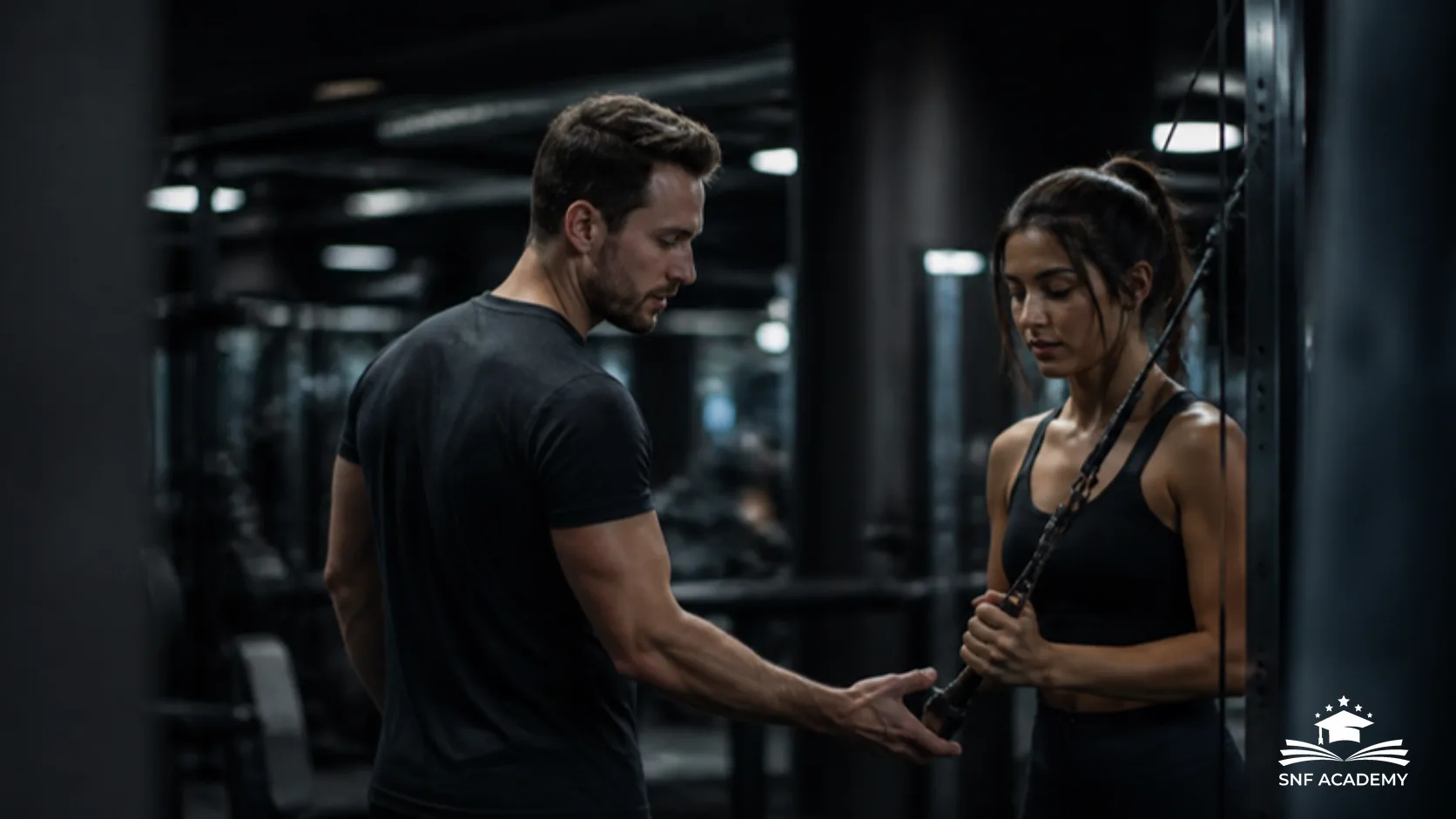 Fitnessinstruktor erklärt einer Einsteigerin ein Kabelgerät im Fitnessstudio