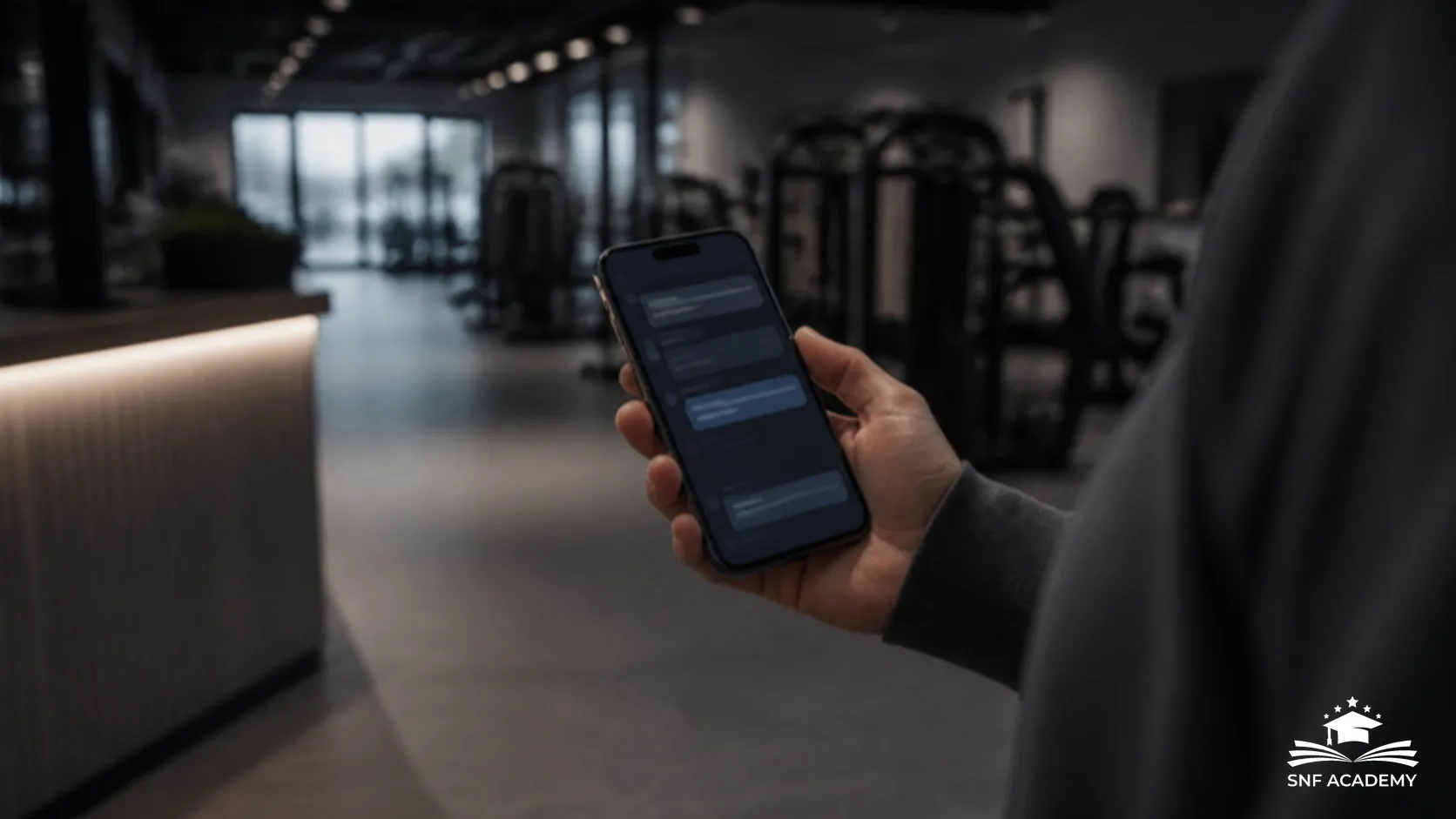 Person hält ein Smartphone mit KI-Ansicht im Eingangsbereich eines Fitnessstudios