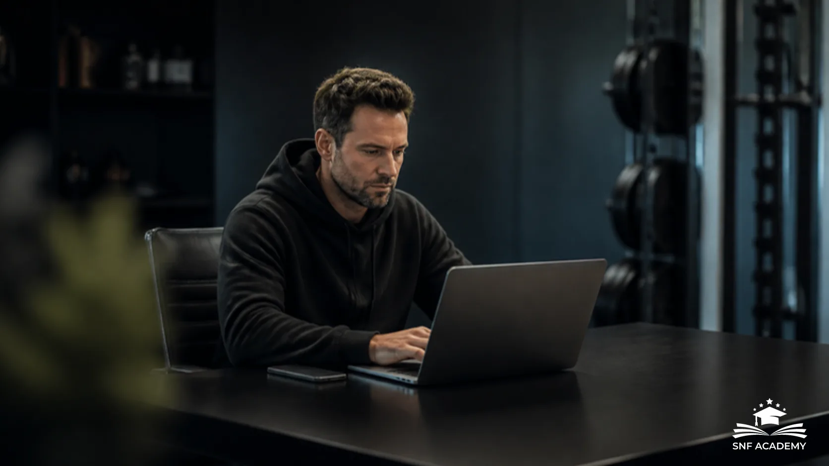 Studioinhaber plant am Laptop das Marketing für sein Fitnessstudio