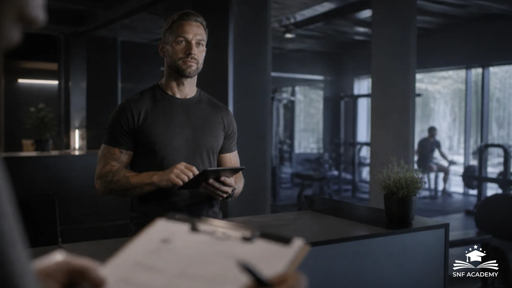 Studioleiter mit Tablet am Empfang eines Fitnessstudios