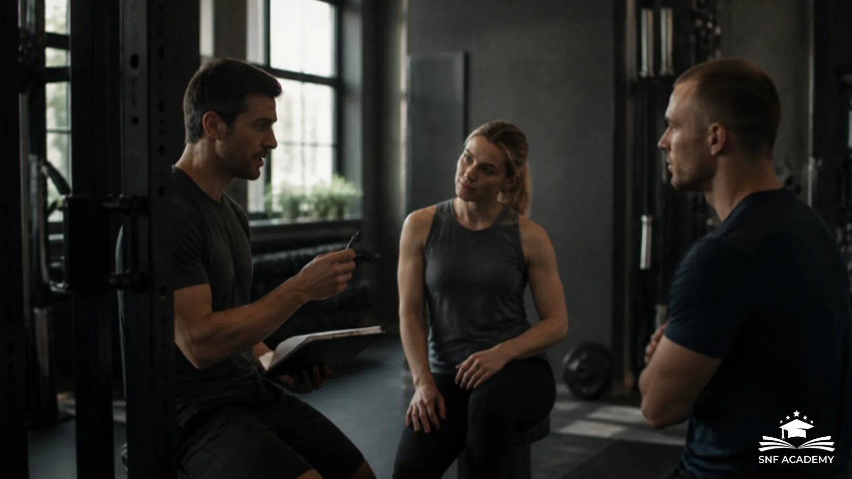 Fitnessstudio-Team bespricht in einem Berner Studio die Weiterbildung