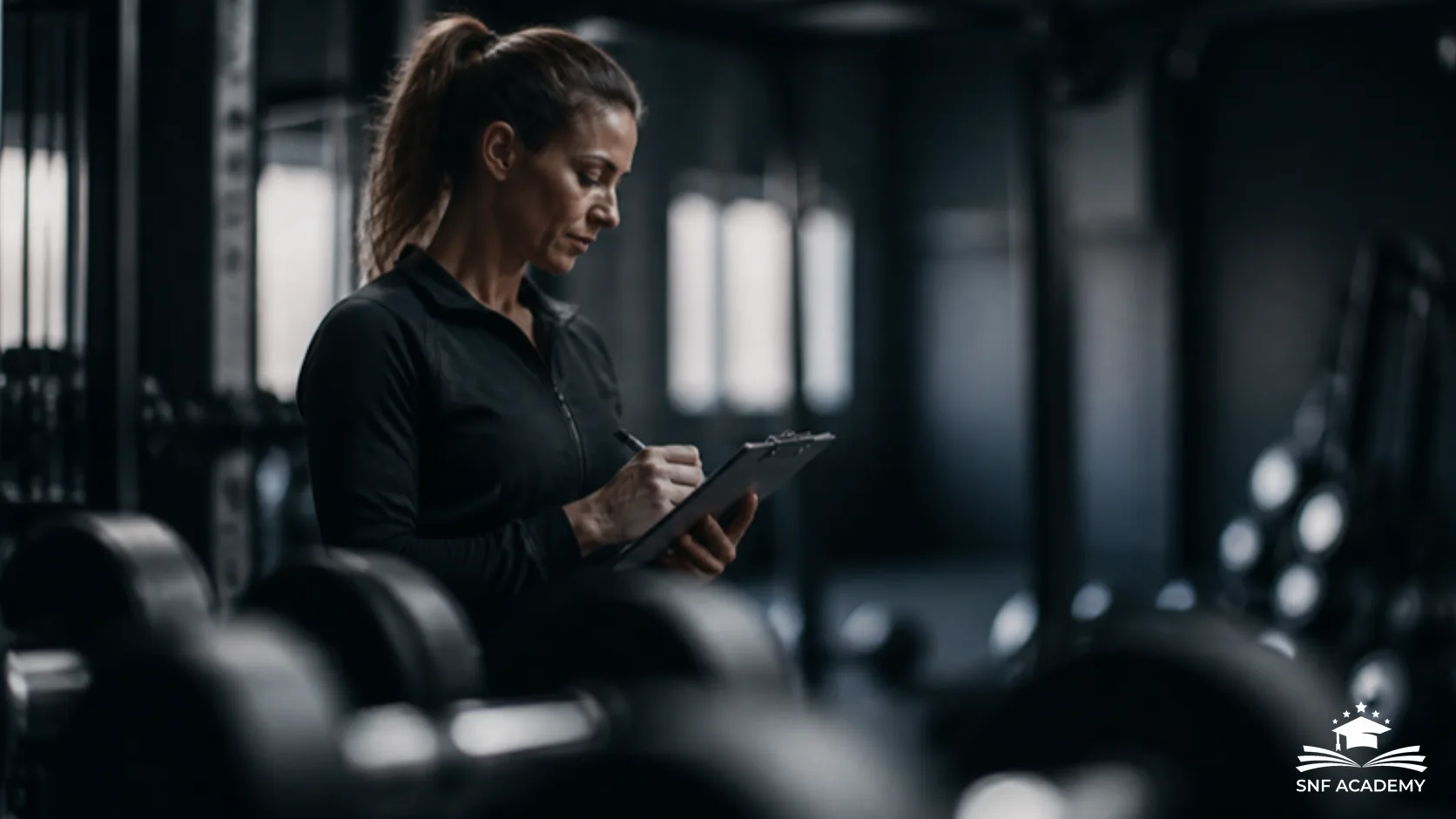Studioleiterin prüft im Fitnessstudio eine Checkliste zur Team-Ausbildung