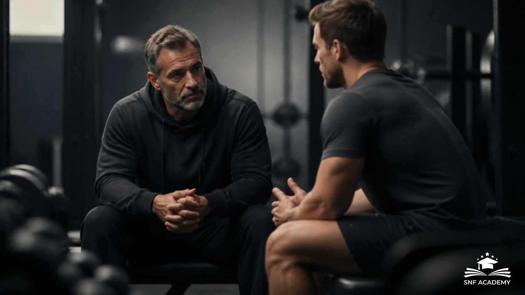 Studioinhaber und Trainer im nachdenklichen Gespräch im Fitnessstudio