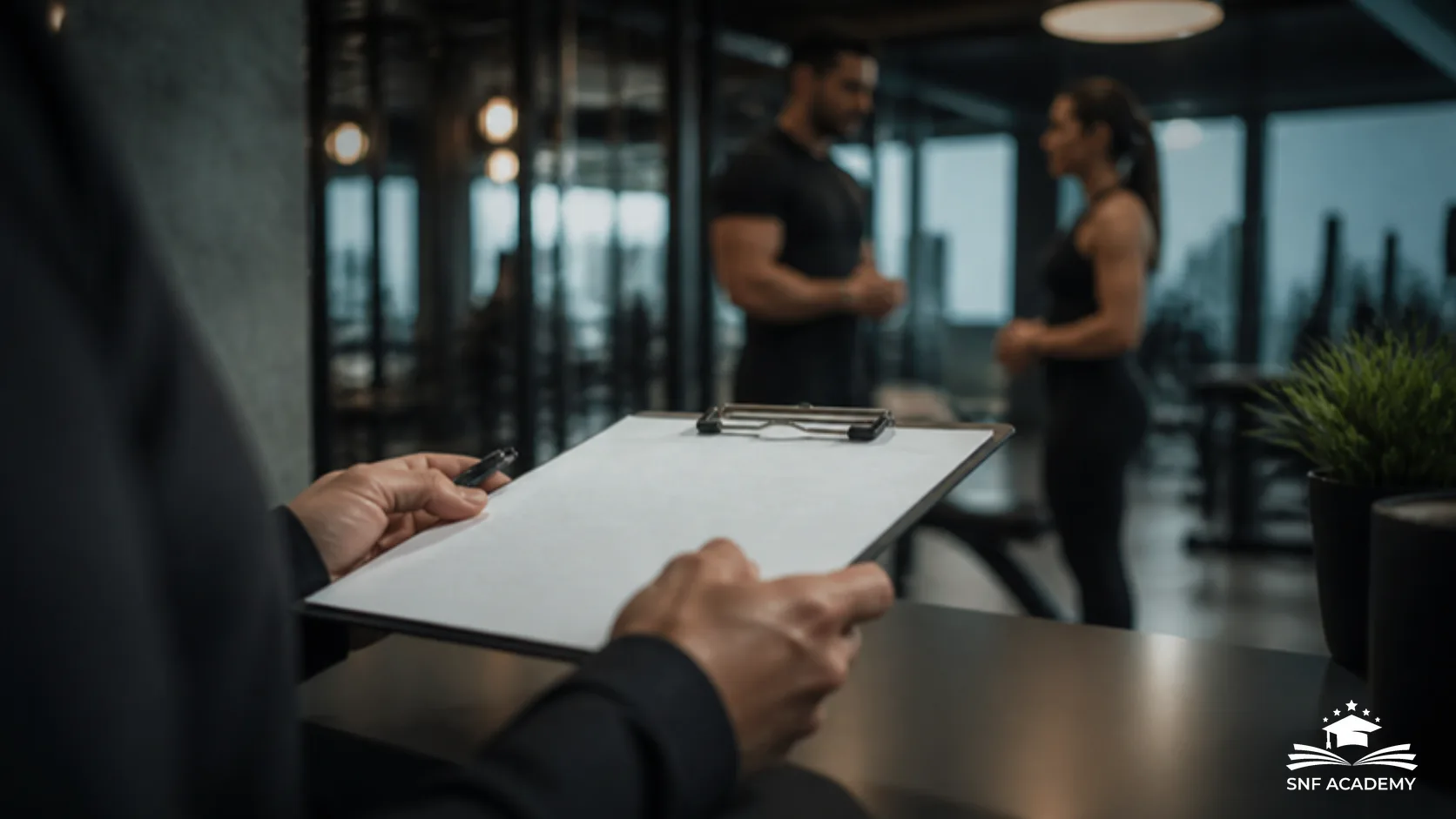 Checkliste auf einem Tisch an der Anmeldung eines Fitnessstudios