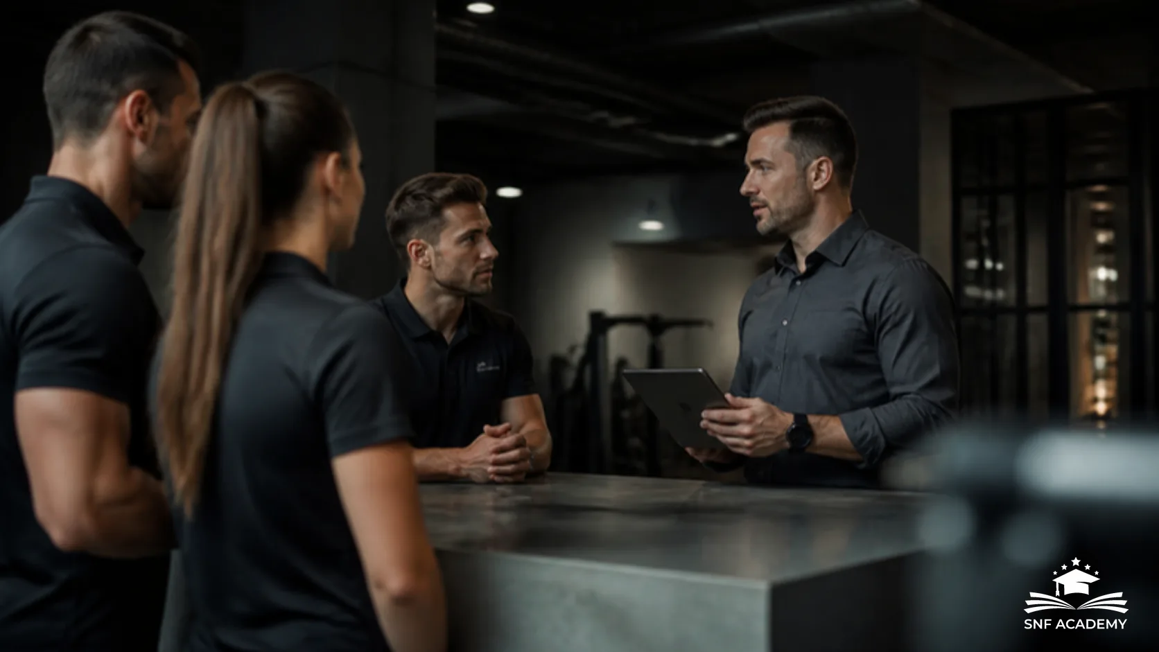 Fitnessstudio-Team im Gespräch mit dem Studioleiter an der Theke