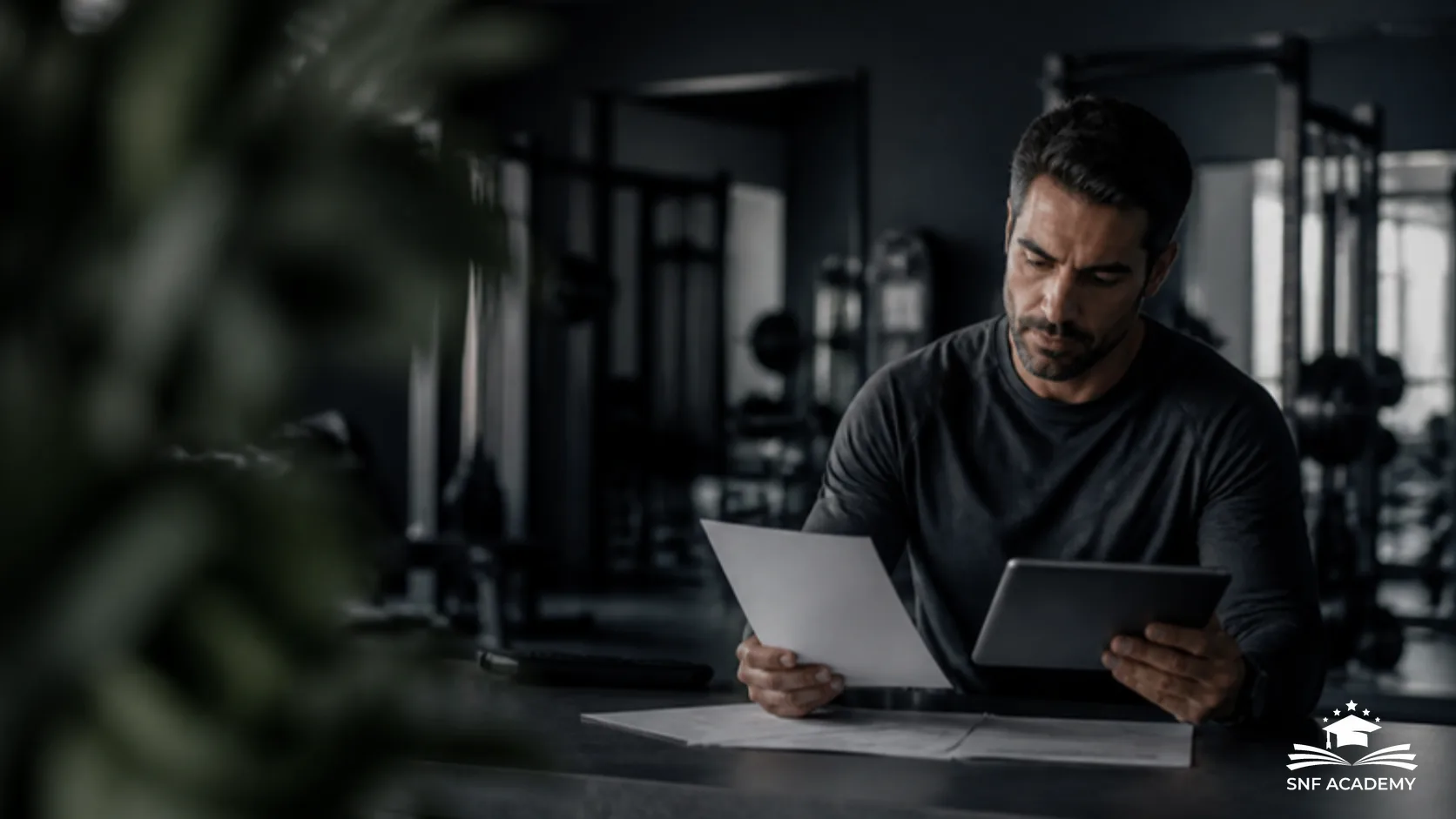 Studioleiter vergleicht Unterlagen und Tablet an einem Schreibtisch im Studio