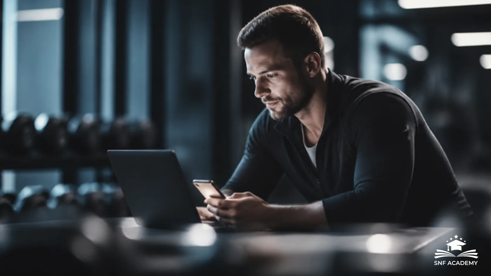 Personal Trainer prüft im Studio seine Sichtbarkeit am Laptop und Smartphone