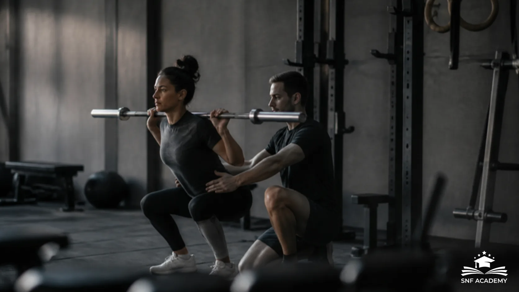 Anfängerin lernt Kniebeuge mit Trainer im Fitnessstudio