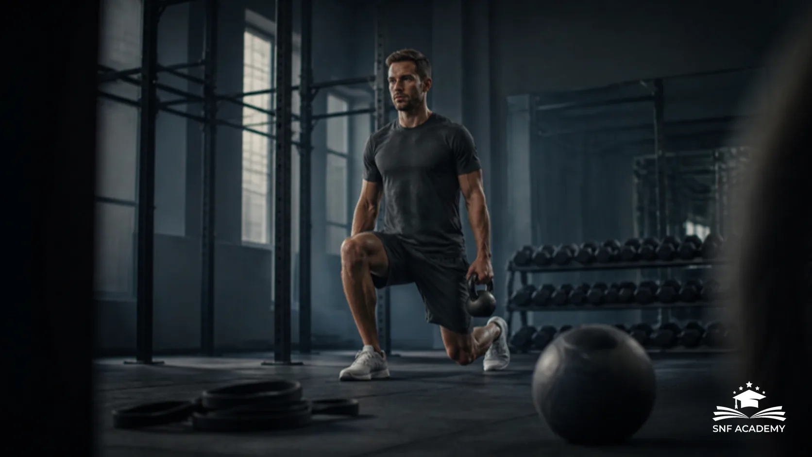 Person macht Ausfallschritt mit Kettlebell, Widerstandsband und Medizinball im Vordergrund