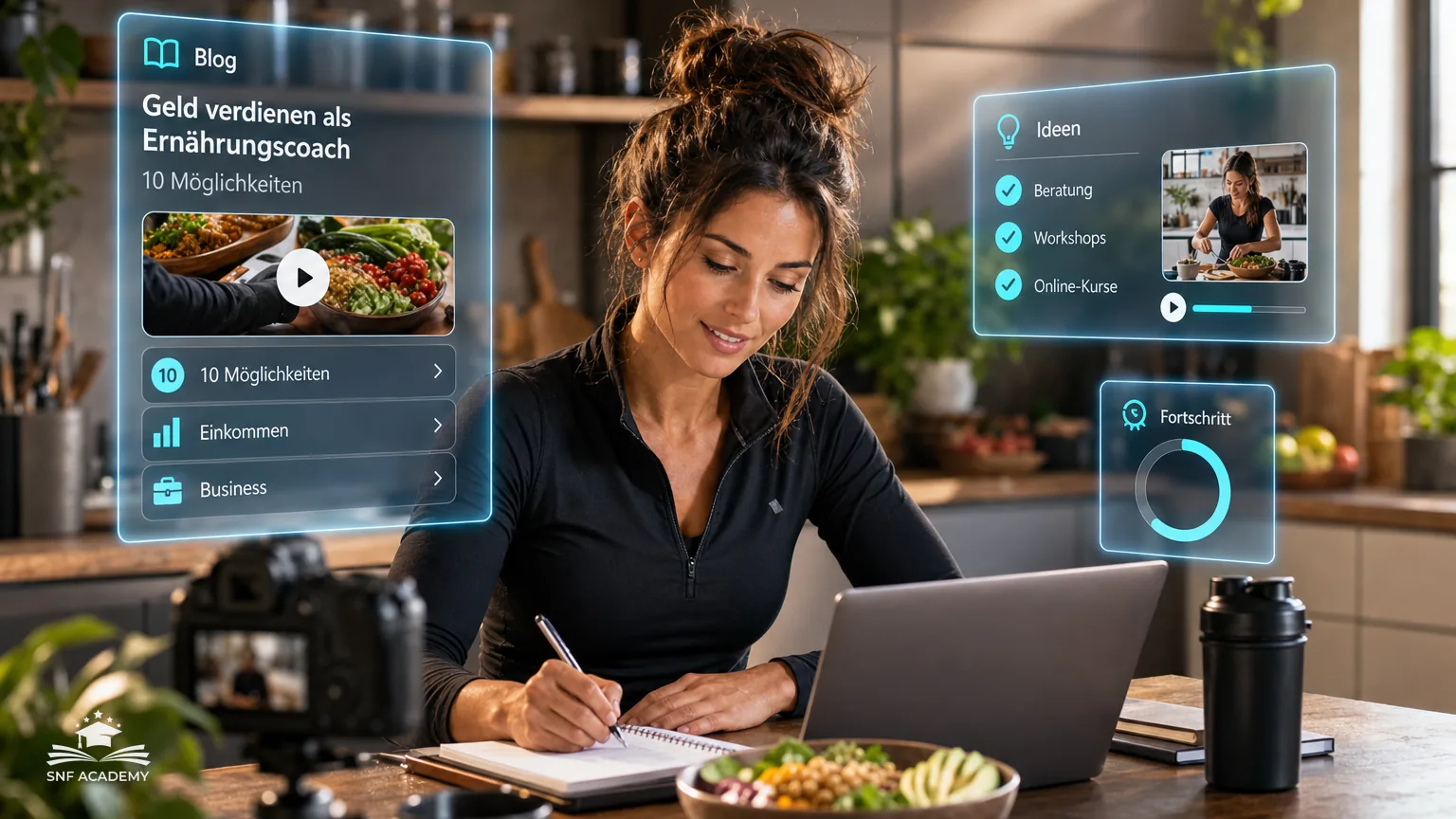Ernährungscoachin bereitet Inhalte für einen Online-Kurs vor, Kamera und Bowl, helle Küche – Geld verdienen als Ernährungscoach