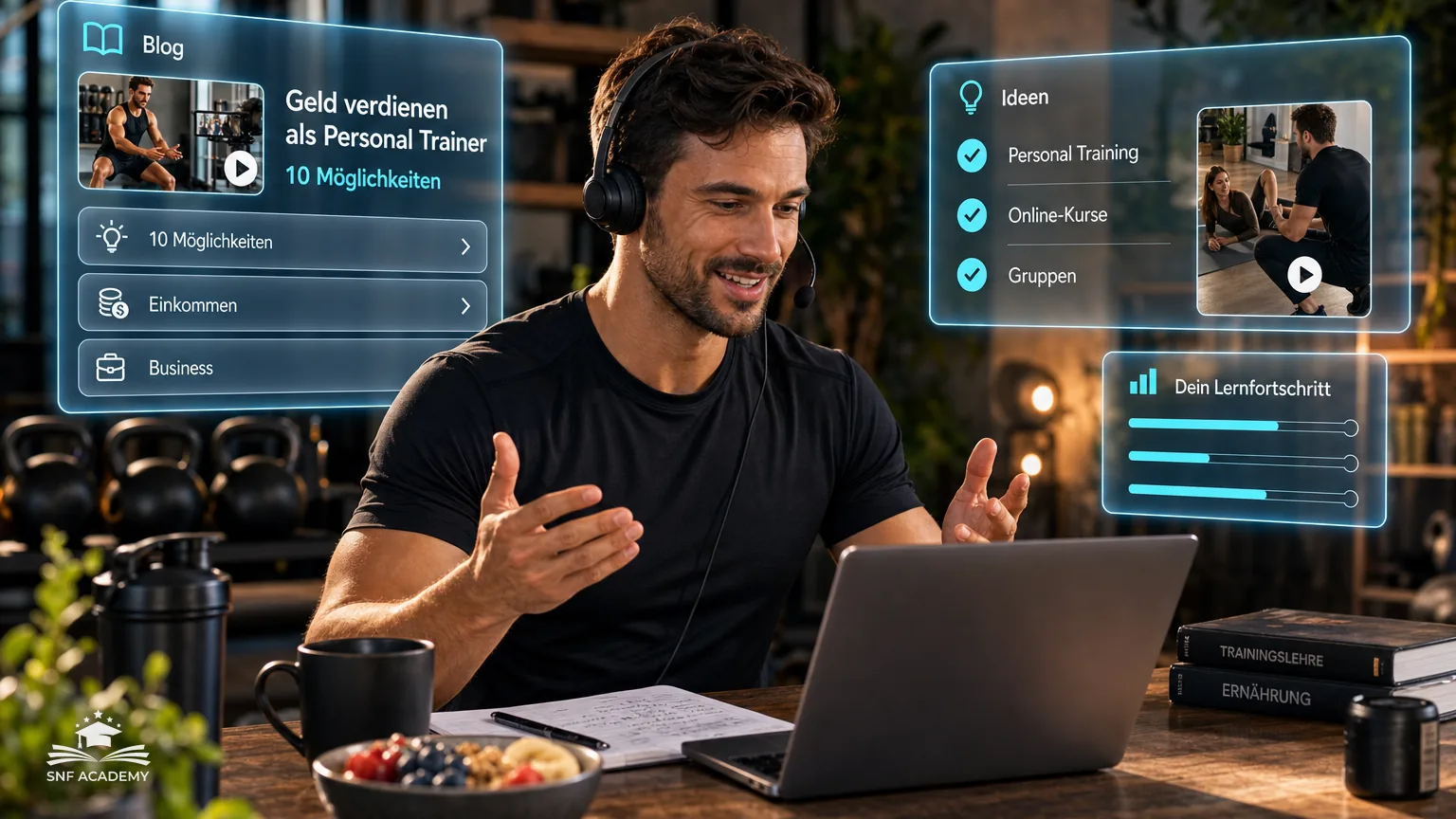 Personal Trainer coacht online per Laptop, Kettlebells im Hintergrund, Homestudio – Geld verdienen als Personal Trainer: 10 Möglichkeiten