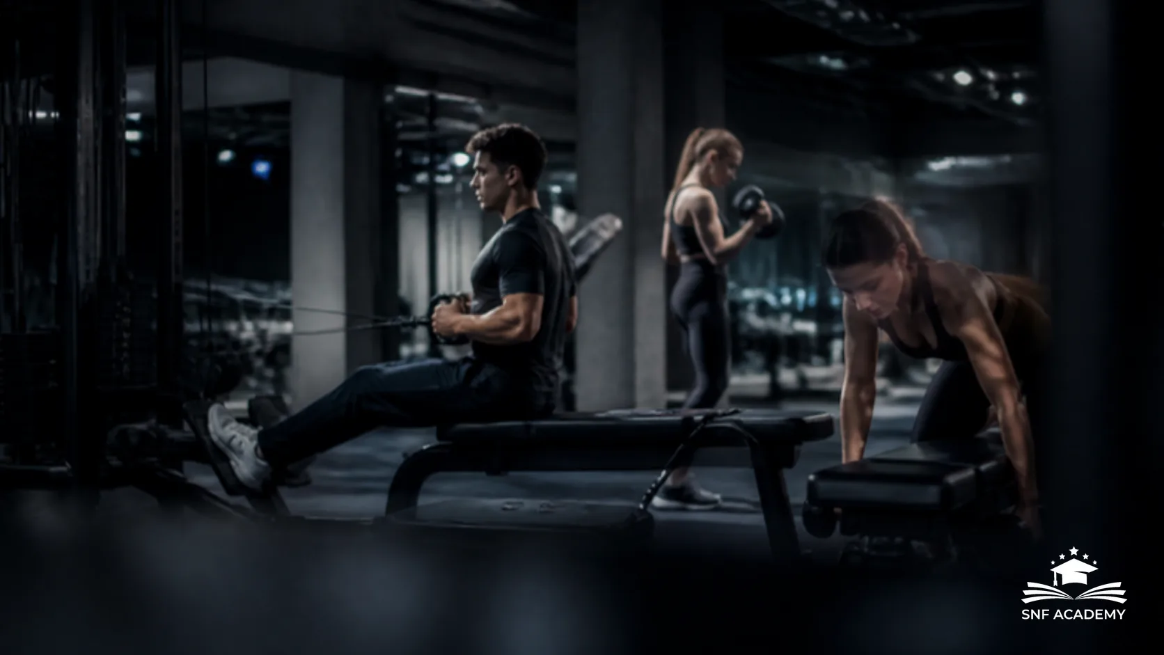 Junge Erwachsene trainieren in einem modernen dunklen Fitnessstudio an Geräten