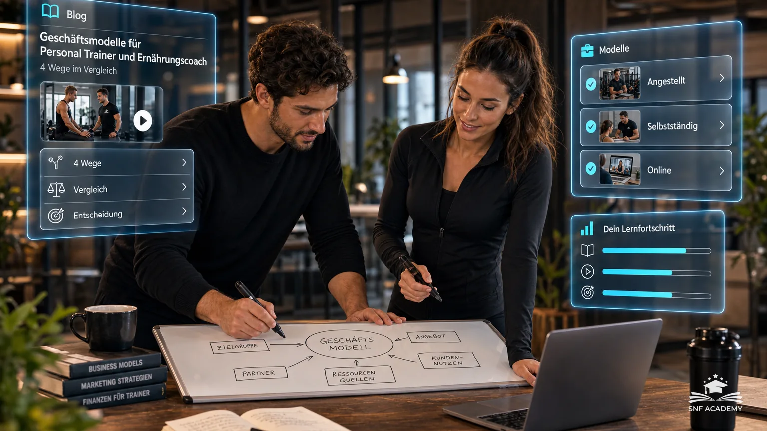 Zwei Coaches skizzieren Geschäftsmodelle auf einem Whiteboard, Laptop und Kaffee, kreatives Büro – Geschäftsmodelle für Personal Trainer und Ernährungscoach