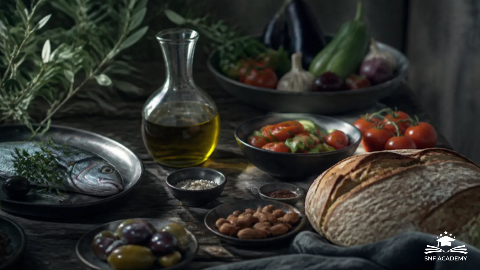 Mediterrane Zutaten mit Olivenöl, Fisch, Tomaten, Oliven und Vollkornbrot auf einem Holztisch