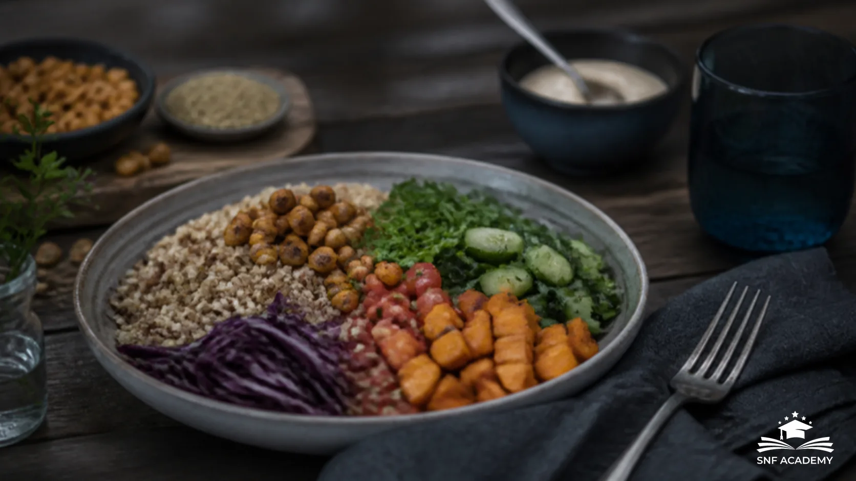 Vegetarische Schale mit Quinoa, Kichererbsen, Rotkohl, Süsskartoffeln und Gurke auf einem dunklen Holztisch