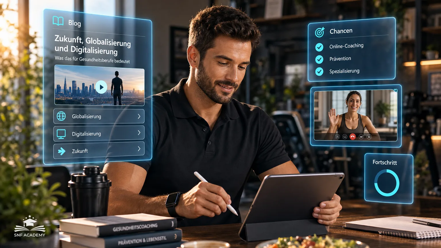 Gesundheitscoach arbeitet mit Tablet und Smartwatch-Daten, Kundin im Videocall, modernes Büro – Zukunft, Globalisierung und Digitalisierung