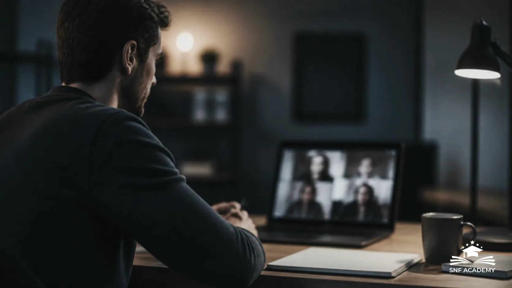 Coach im Videogespräch am Laptop an einem Schreibtisch am Abend