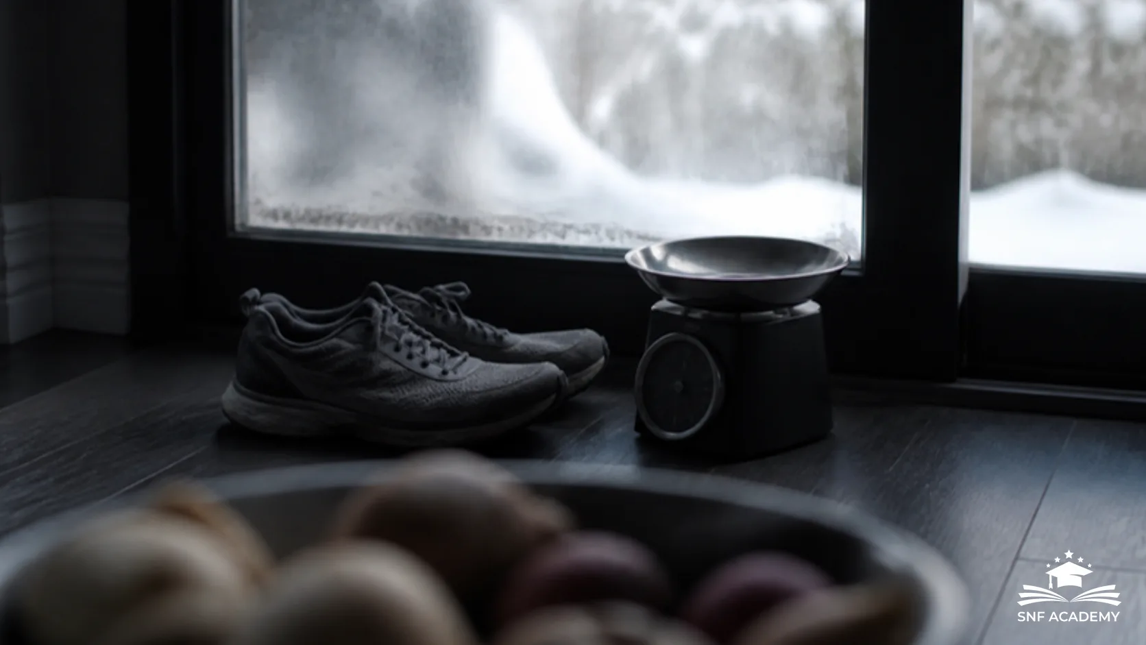 Laufschuhe und Küchenwaage vor einem vereisten Fenster im Winter, im Vordergrund eine Schale mit Wurzelgemüse