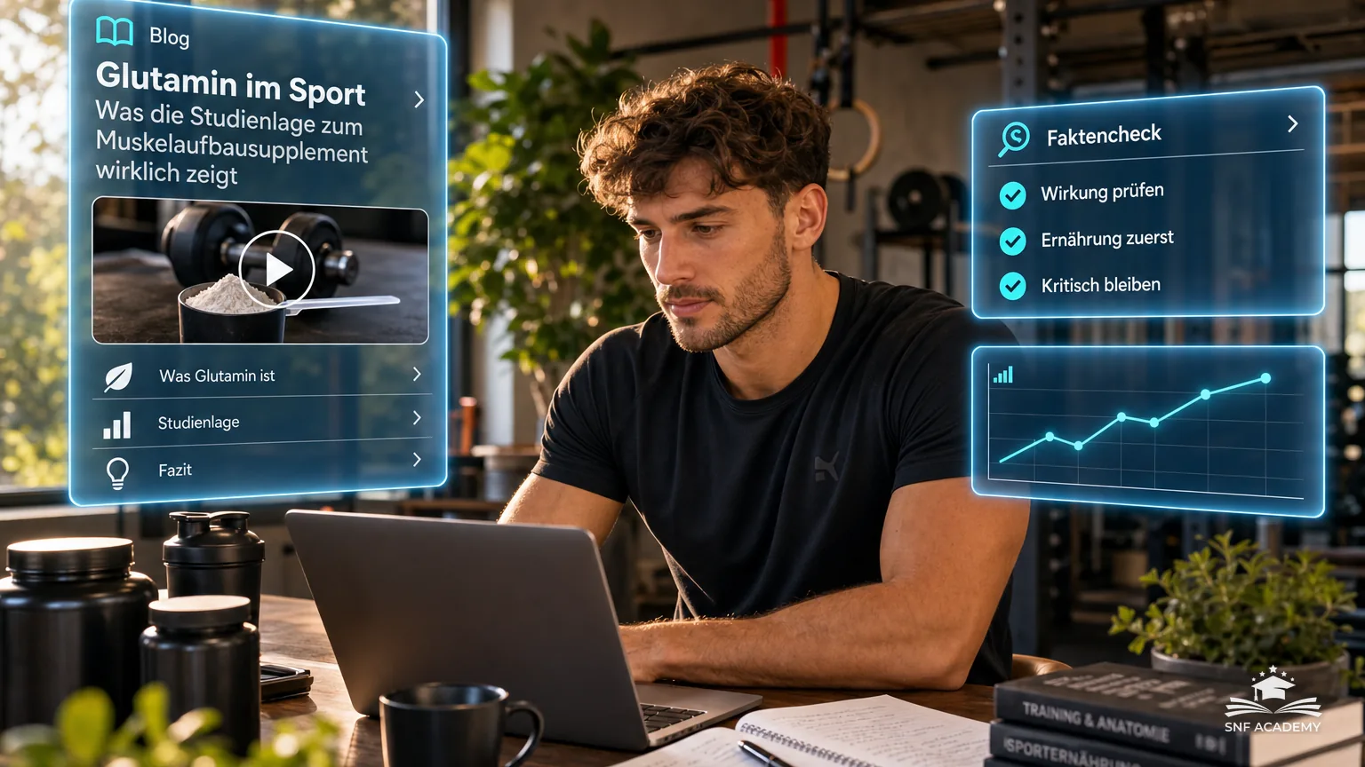 Sportler liest am Schreibtisch eine Studie auf dem Laptop, Supplementdosen und Notizbuch daneben – Glutamin im Sport