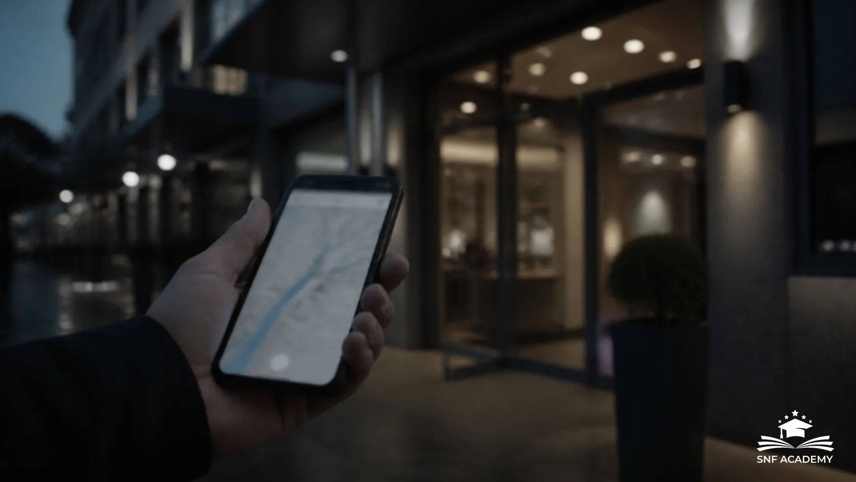 Smartphone mit Kartenansicht vor dem Eingang eines Studios