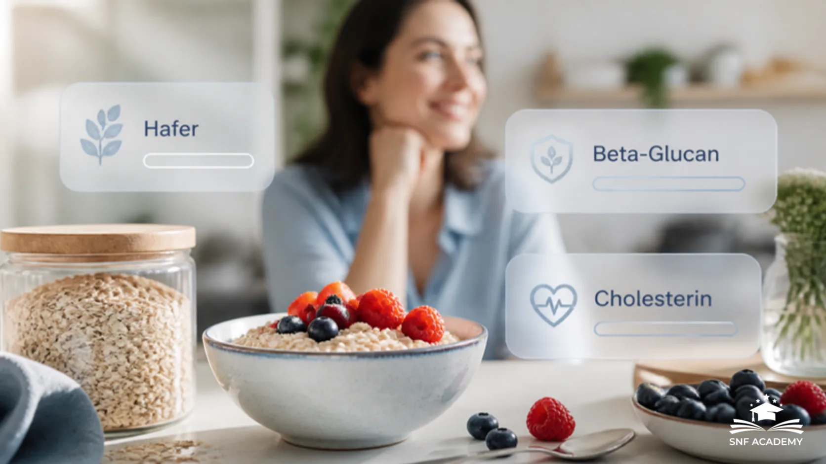 Schale Haferbrei mit Beeren und ein Glas Haferflocken, im Hintergrund eine Frau, mit Info-Karten zu Hafer, Beta-Glucan und Cholesterin