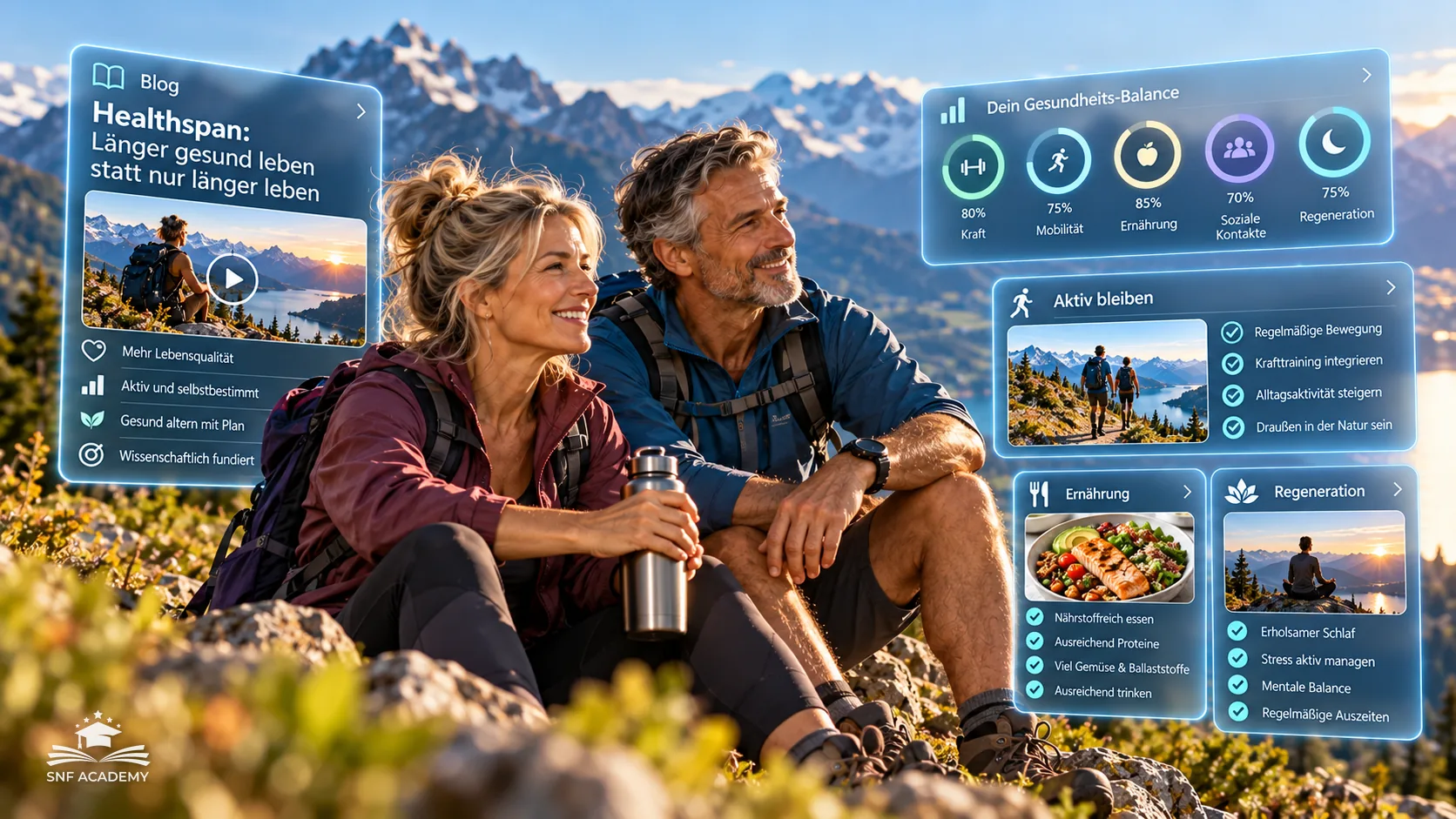 Älteres Paar sitzt beim Wandern auf einem Felsen in den Bergen – Healthspan, länger gesund leben