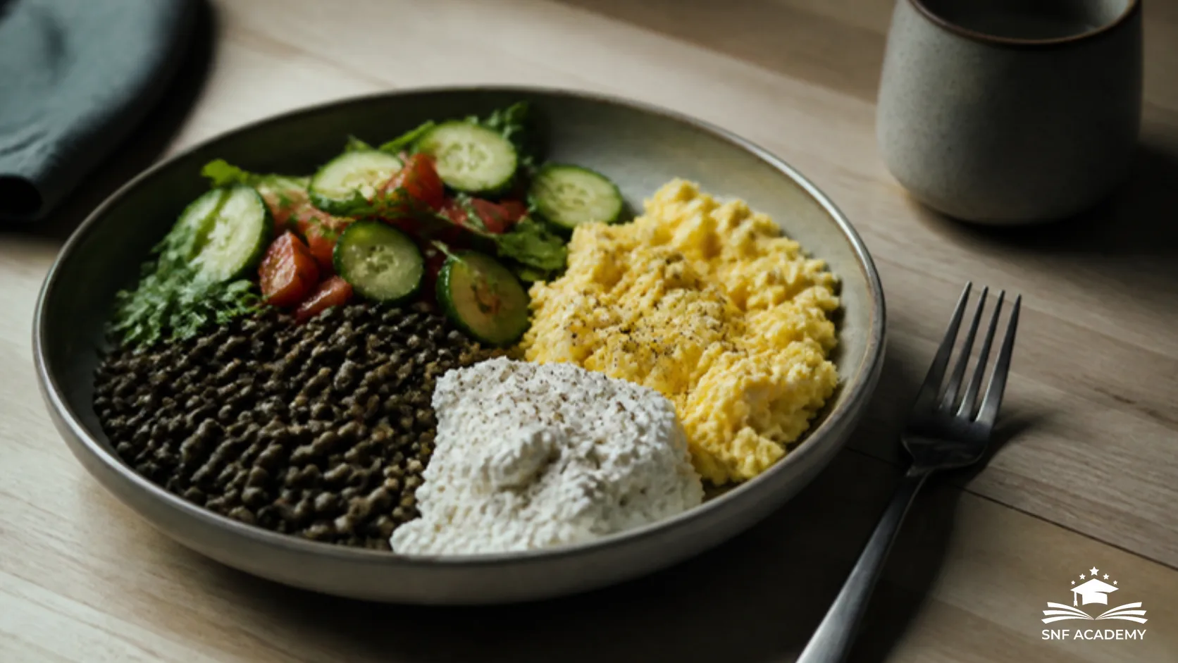 Eiweissreiche Mahlzeit mit Linsen, Rührei, Quark und Gemüse in einer Schale auf einem Tisch