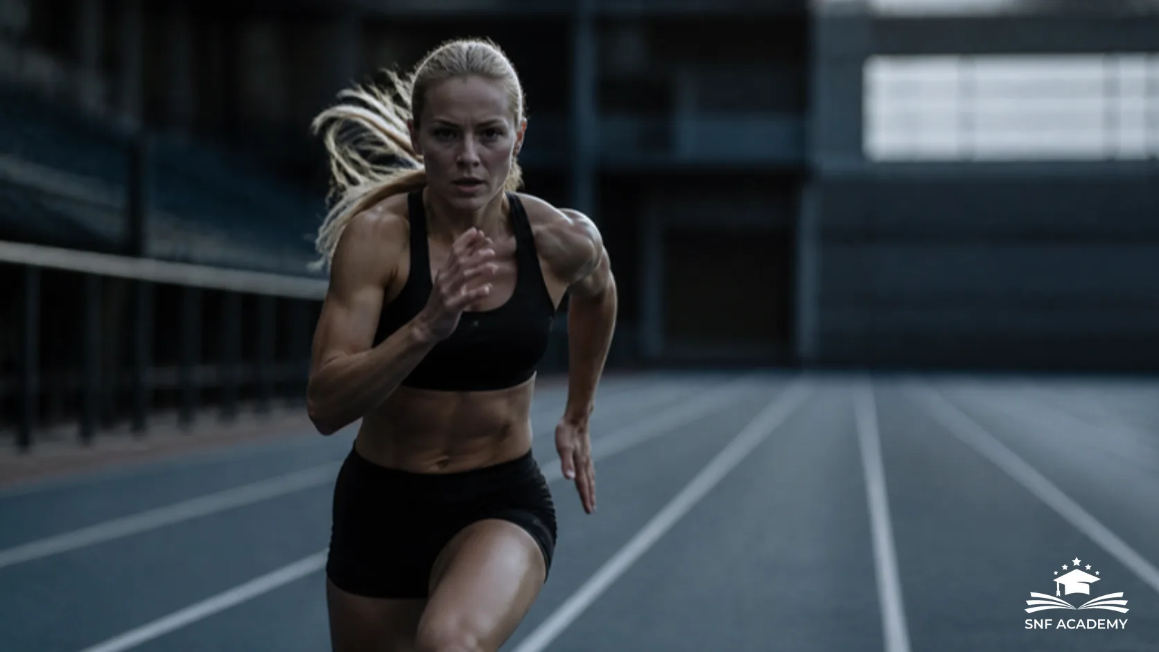 Läuferin im Sprint auf einer Tartanbahn bei Intervalltraining