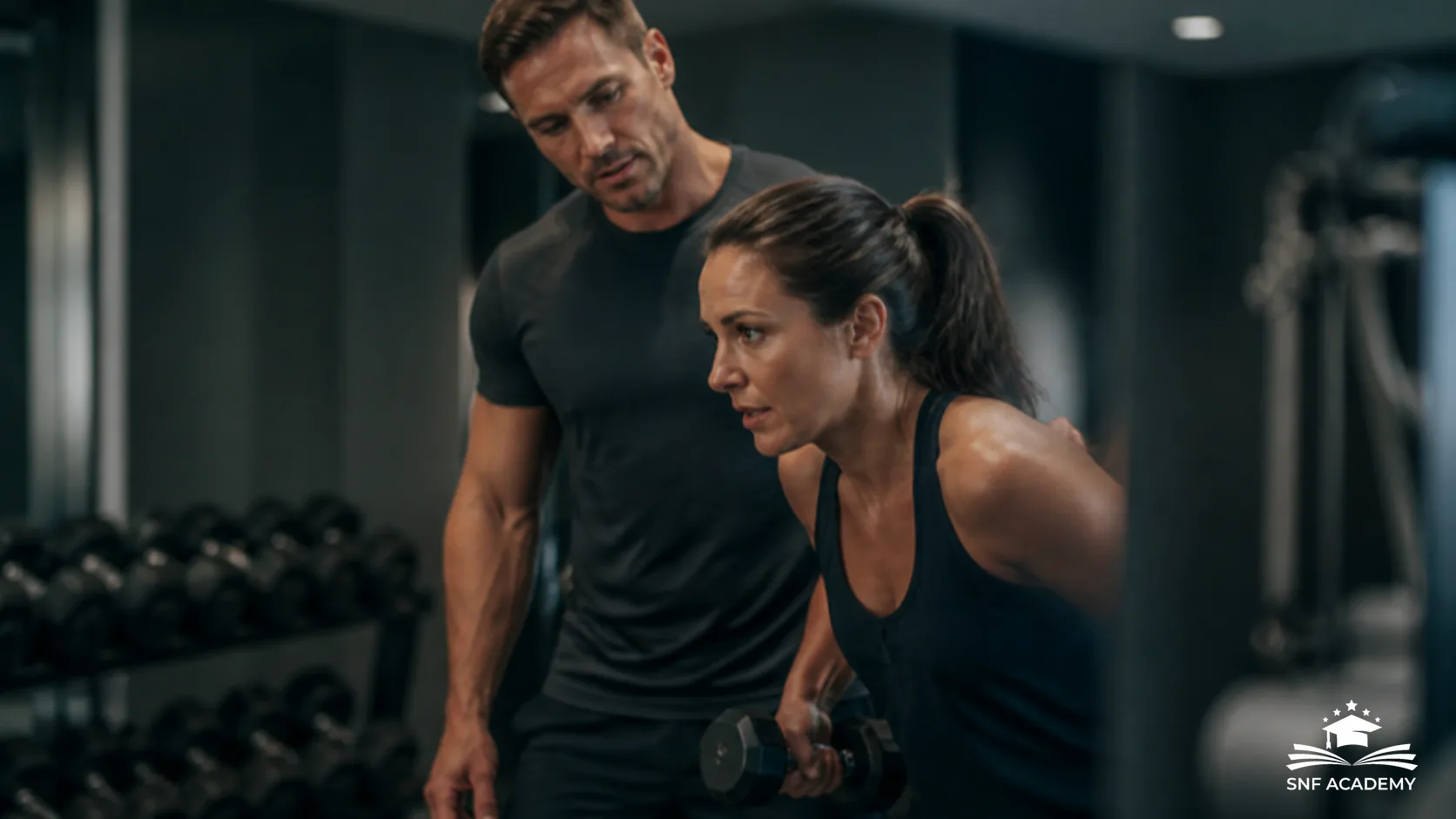 Personal Trainer begleitet eine Hotelgästin beim Training im Fitnessraum