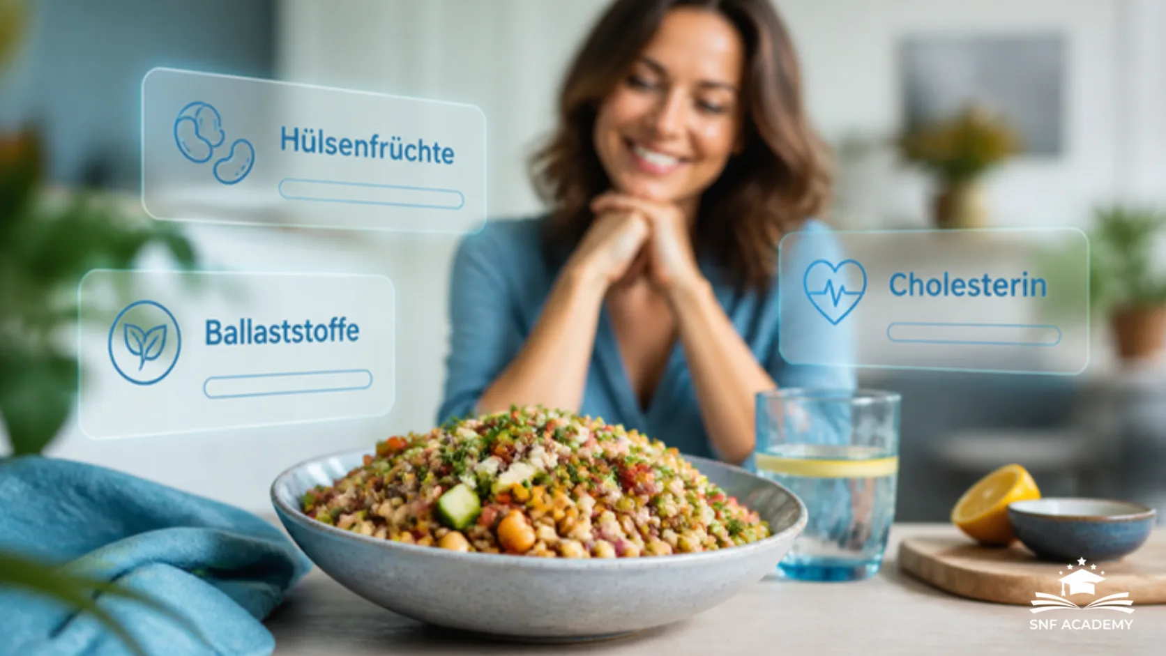 Schüssel mit Linsen-Kichererbsen-Salat, im Hintergrund eine lächelnde Frau, mit Info-Karten zu Hülsenfrüchten, Ballaststoffen und Cholesterin