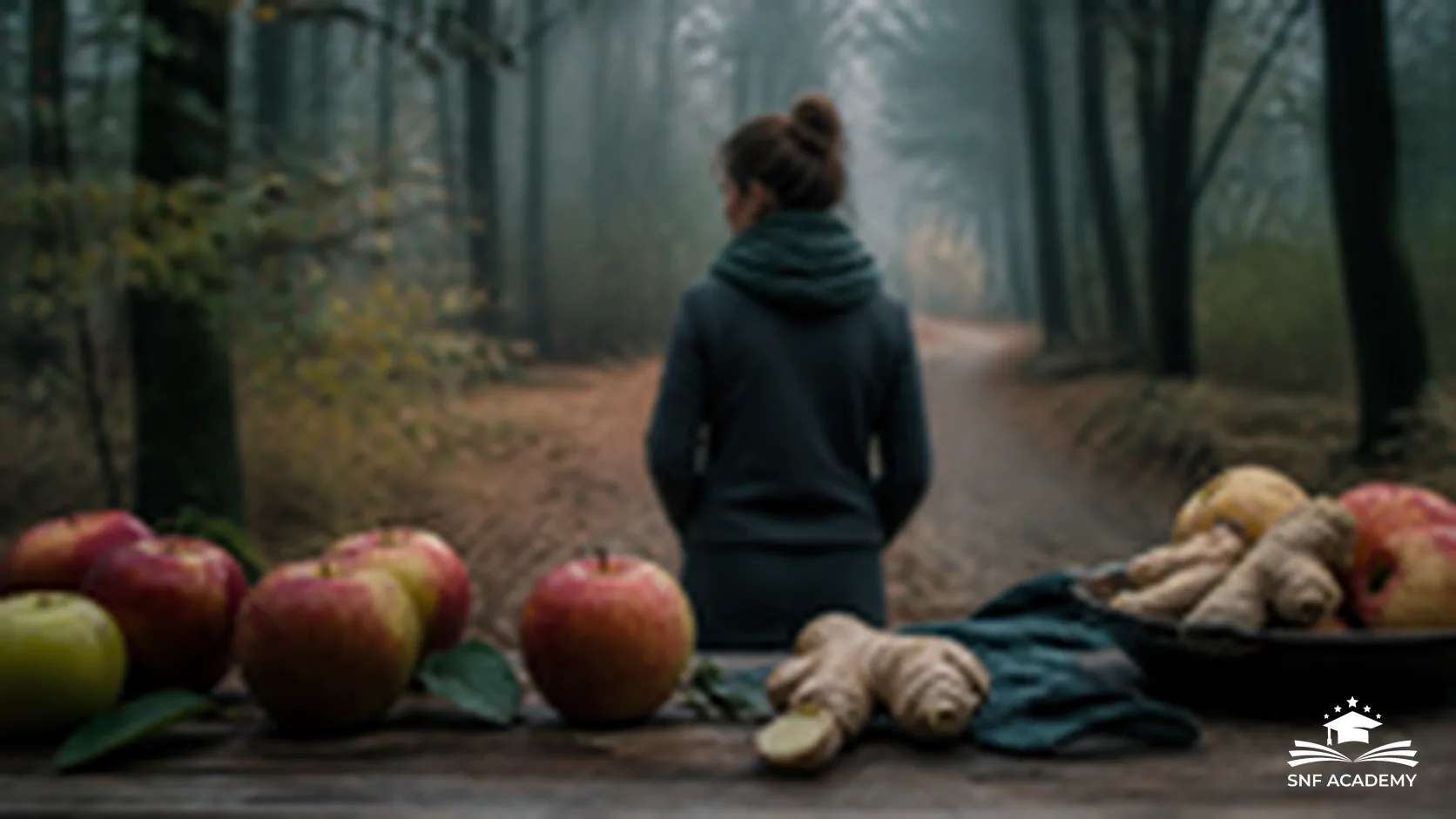 Person spaziert im herbstlichen Wald, im Vordergrund Äpfel und Ingwer auf einem Holztisch