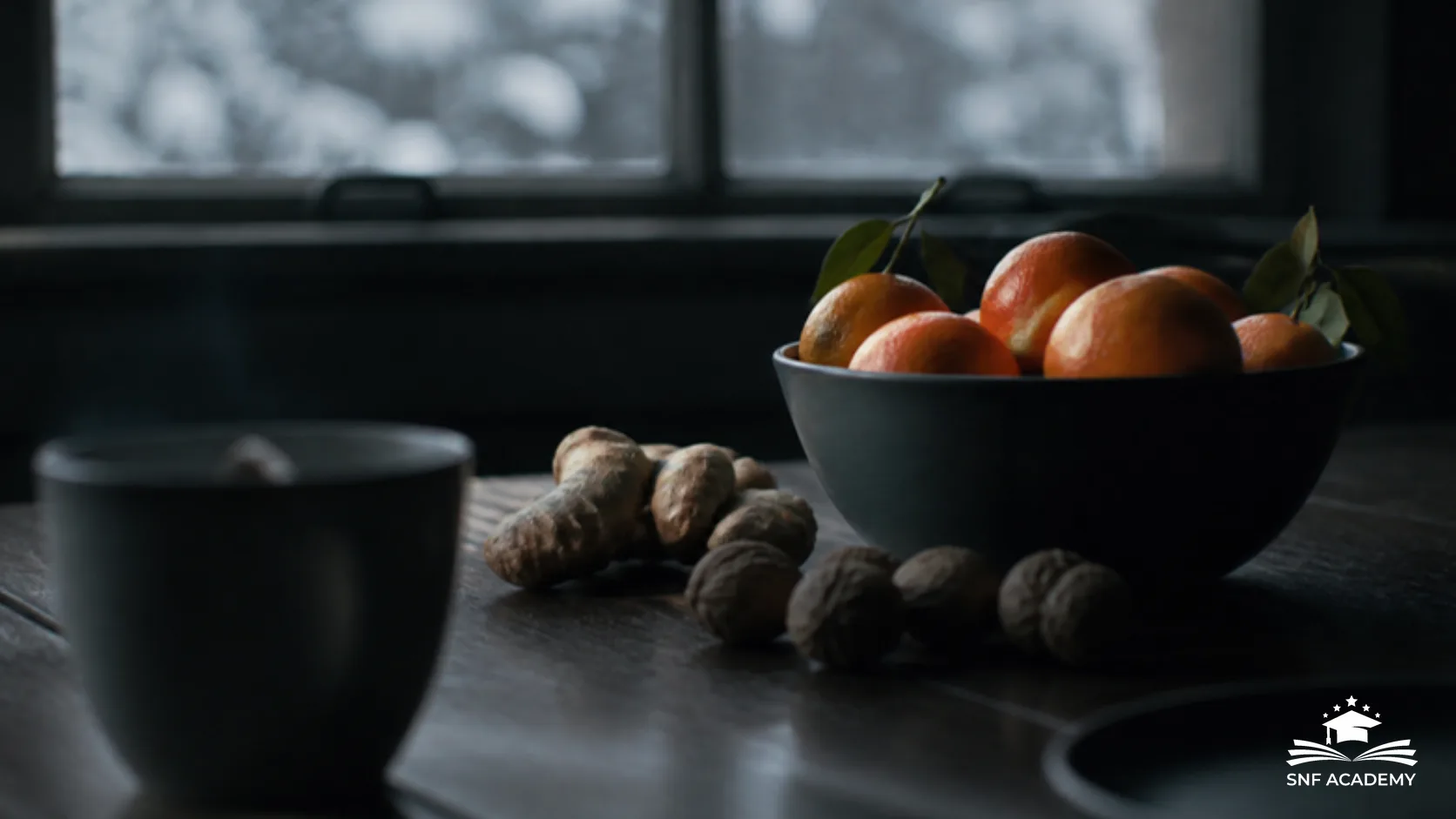 Schale mit Orangen und Ingwer auf dunklem Holztisch am Winterfenster