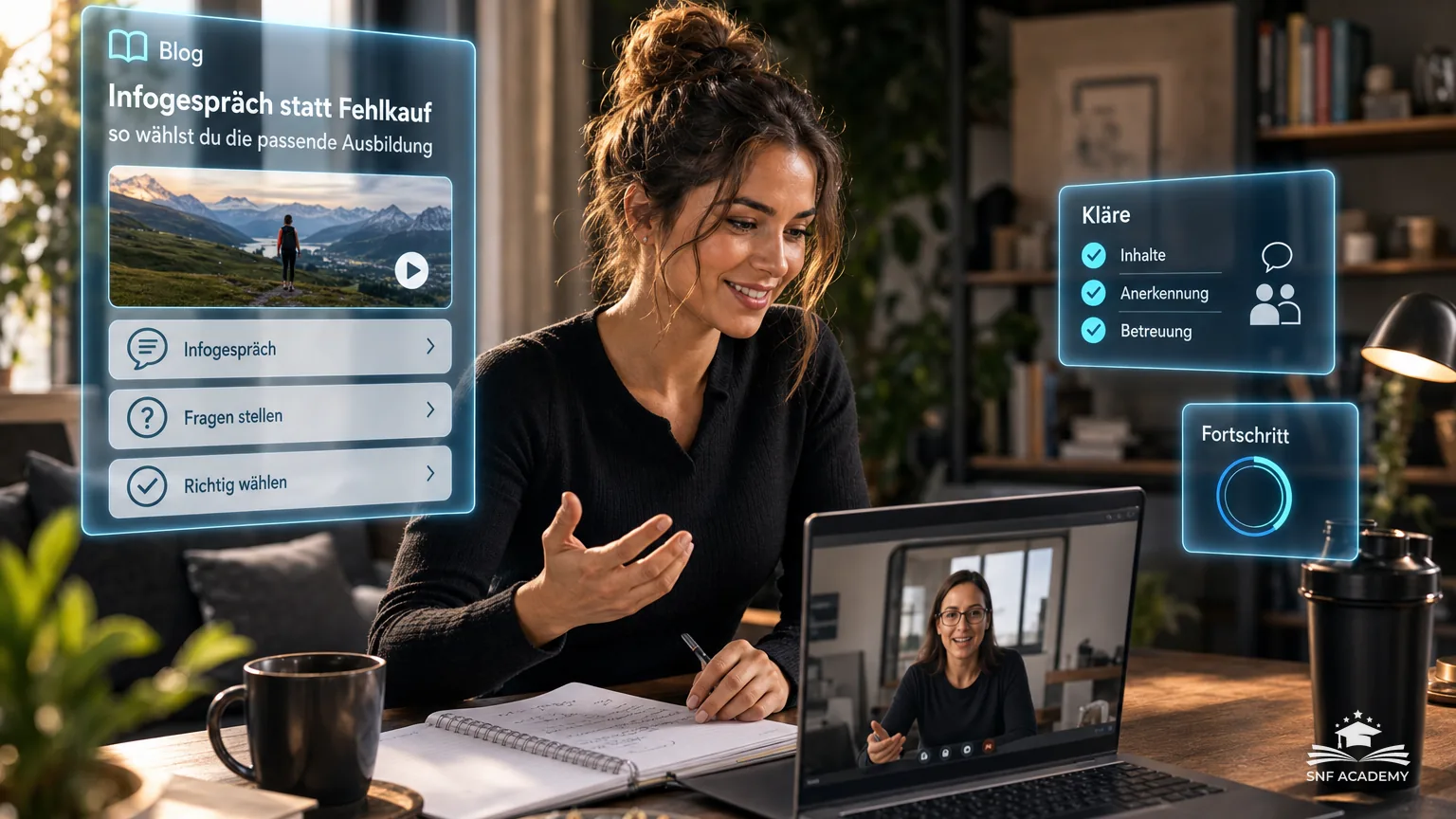 Frau im Videocall mit einer Beraterin, Notizen auf dem Tisch, gemütliches Homeoffice – Infogespräch statt Fehlkauf: so wählst du die passende Ausbildung