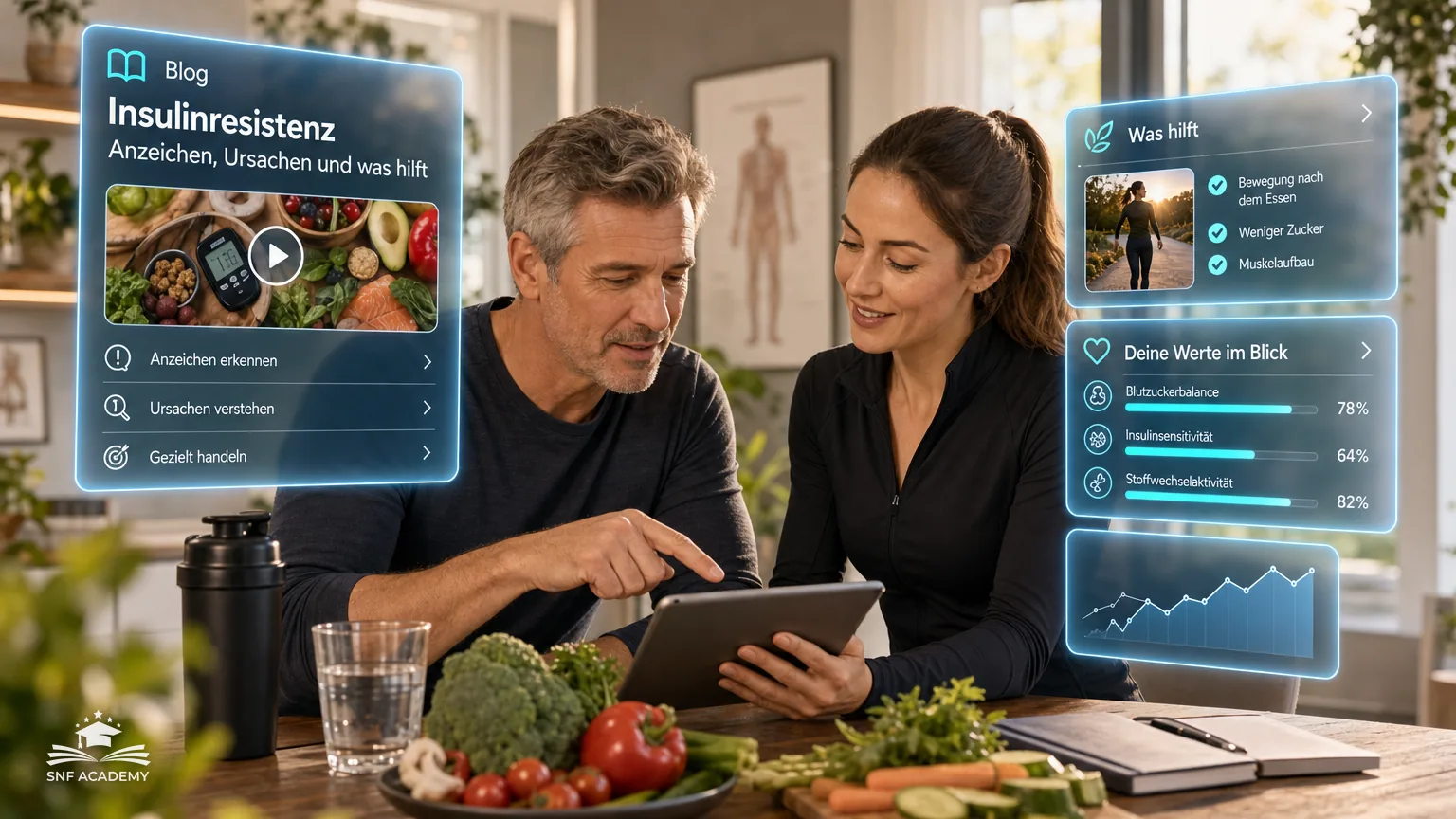 Mann um 55 bespricht mit einer Ernährungscoachin am Tablet seine Werte, Tisch mit Gemüse und Wasserglas, helle Praxis mit Pflanzen – Insulinresistenz