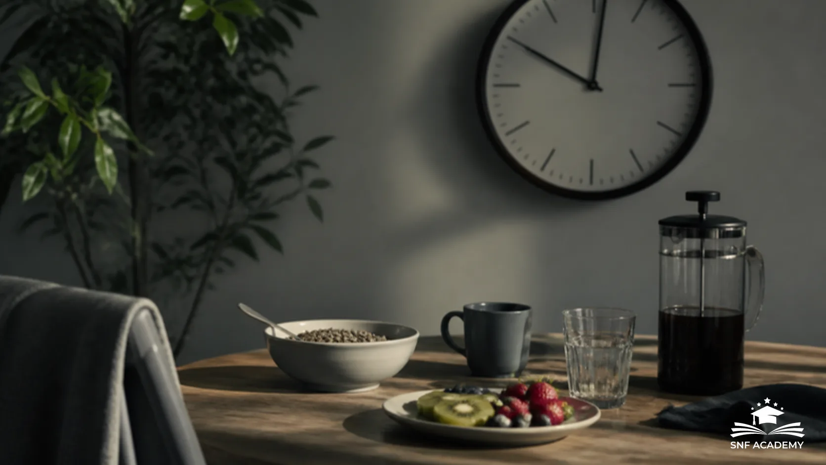 Frühstückstisch mit Müsli, Obst und Kaffeekanne vor einer Wanduhr im Morgenlicht, Sinnbild für ein begrenztes Essfenster