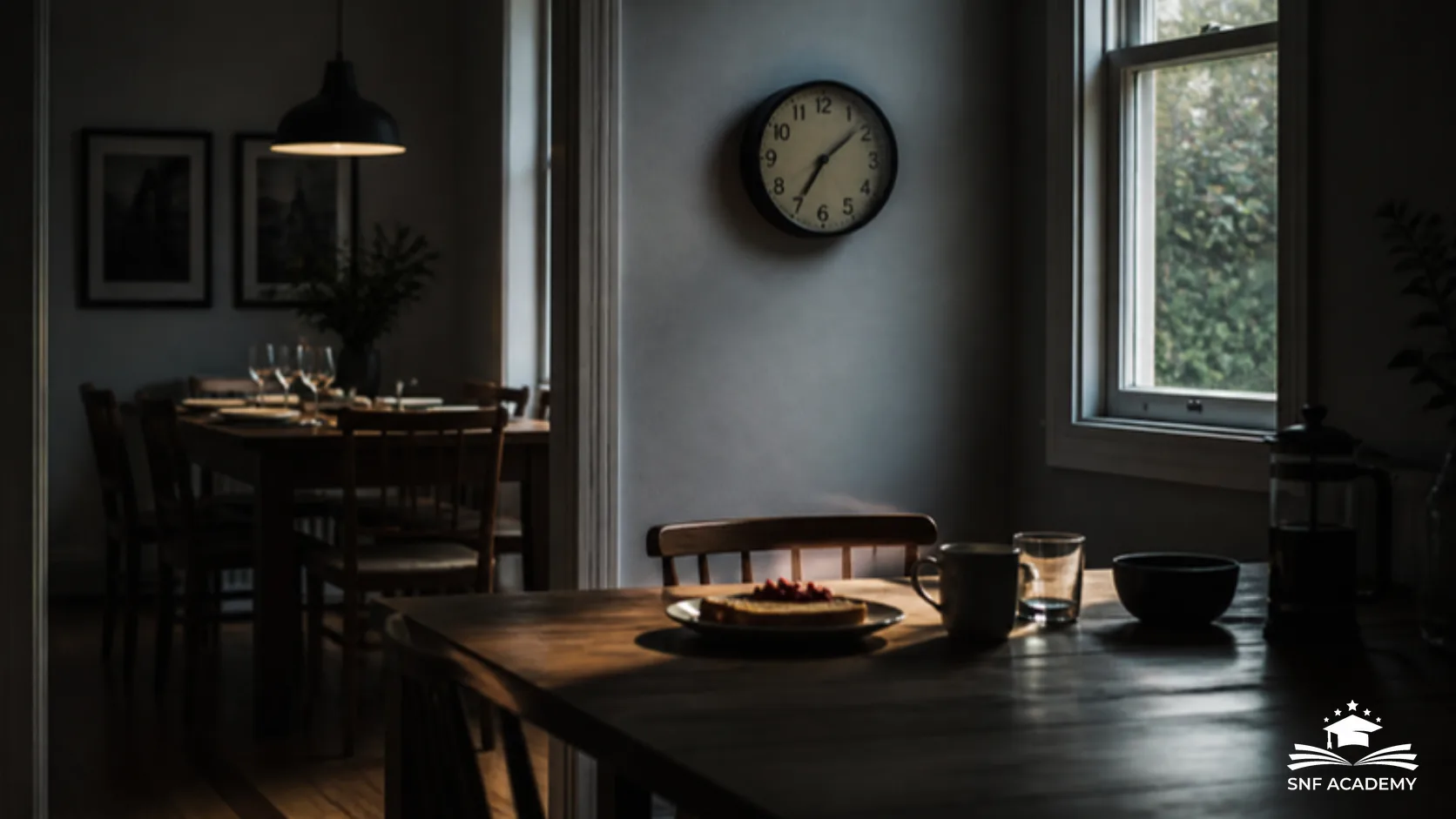 Esstisch mit Frühstücksteller, Tasse und Wanduhr, im Hintergrund ein gedeckter Tisch