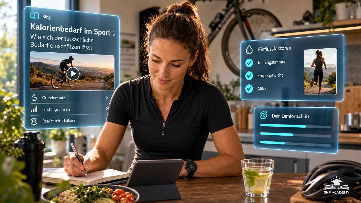 Triathletin notiert nach dem Training ihren Energiebedarf in einer App, Rennrad an der Wand, helle Küche – Kalorienbedarf im Sport