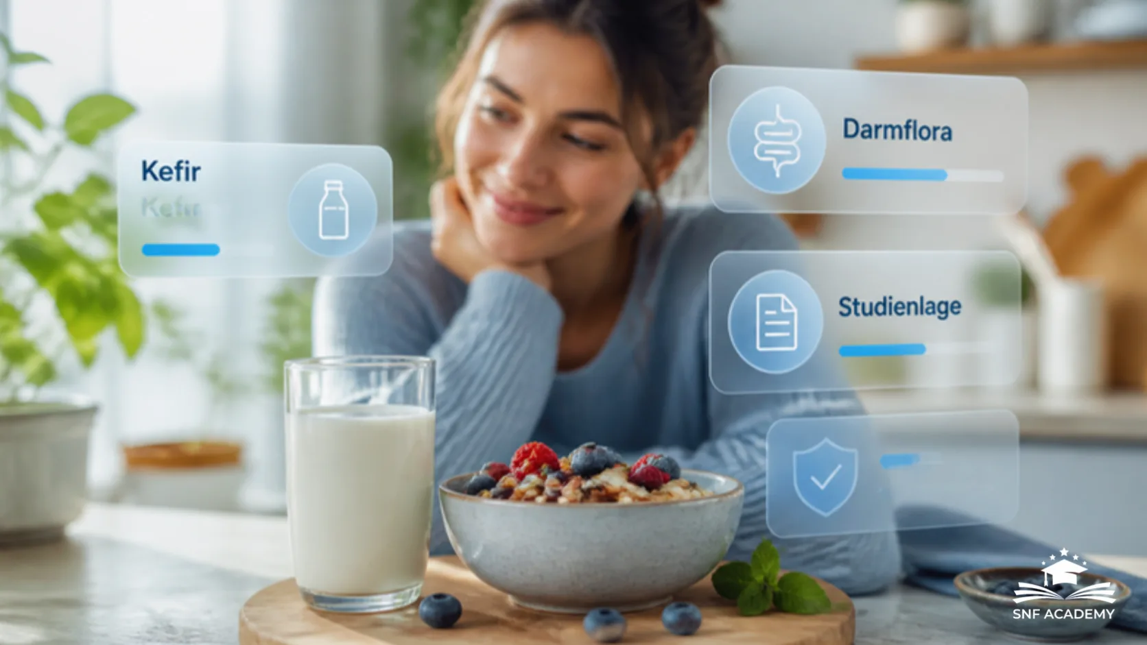 Frau am Frühstückstisch mit einem Glas Kefir und einer Schale Müsli mit Beeren, mit Info-Karten zu Darmflora und Studienlage