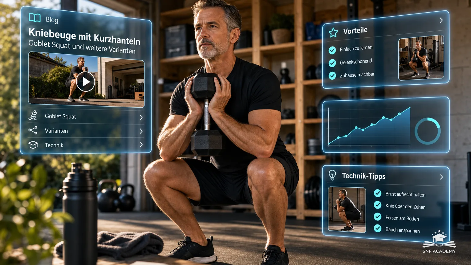 Mann Mitte 50 führt einen Goblet Squat mit Kurzhantel aus, Garage-Gym mit Holzregal – Kniebeuge mit Kurzhanteln: Goblet Squat und weitere Varianten