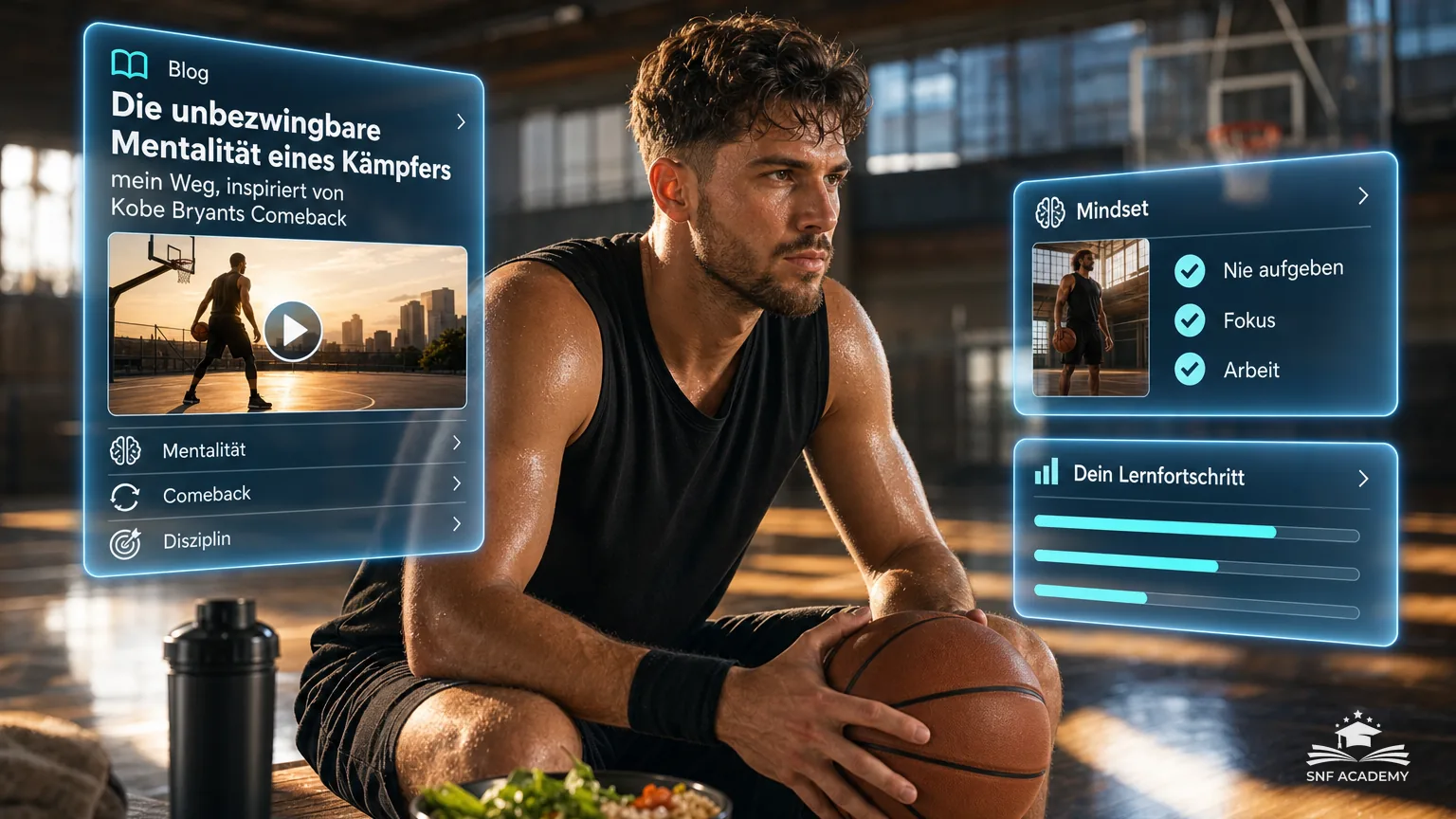 Basketballspieler trainiert allein in einer leeren Halle am frühen Morgen, Ball in der Hand, konzentrierter Blick – Die unbezwingbare Mentalität eines Kämpfers