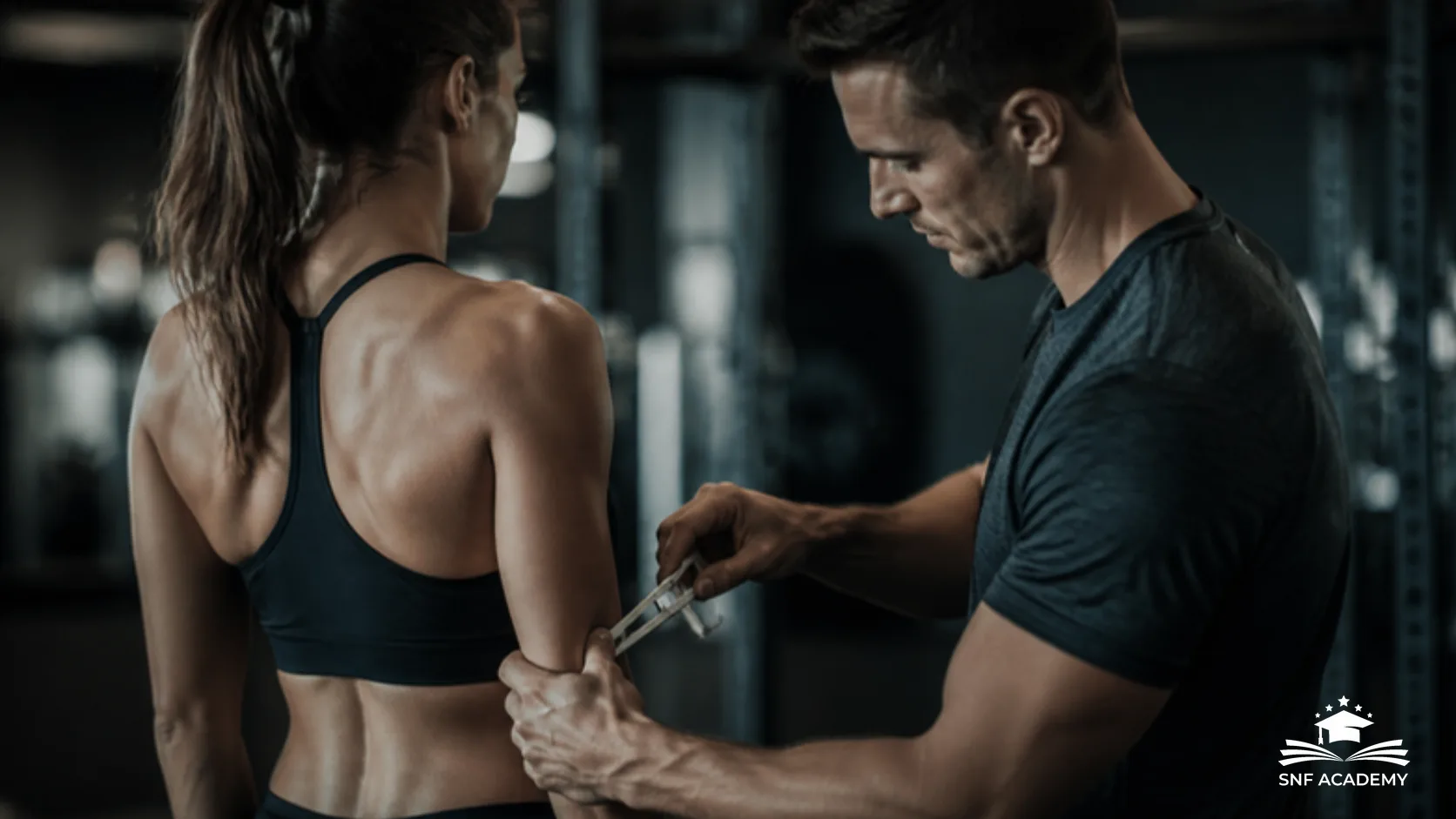 Personal Trainer misst mit einer Hautfaltenzange den Körperfettanteil am Oberarm einer Kundin im dunklen Fitnessstudio