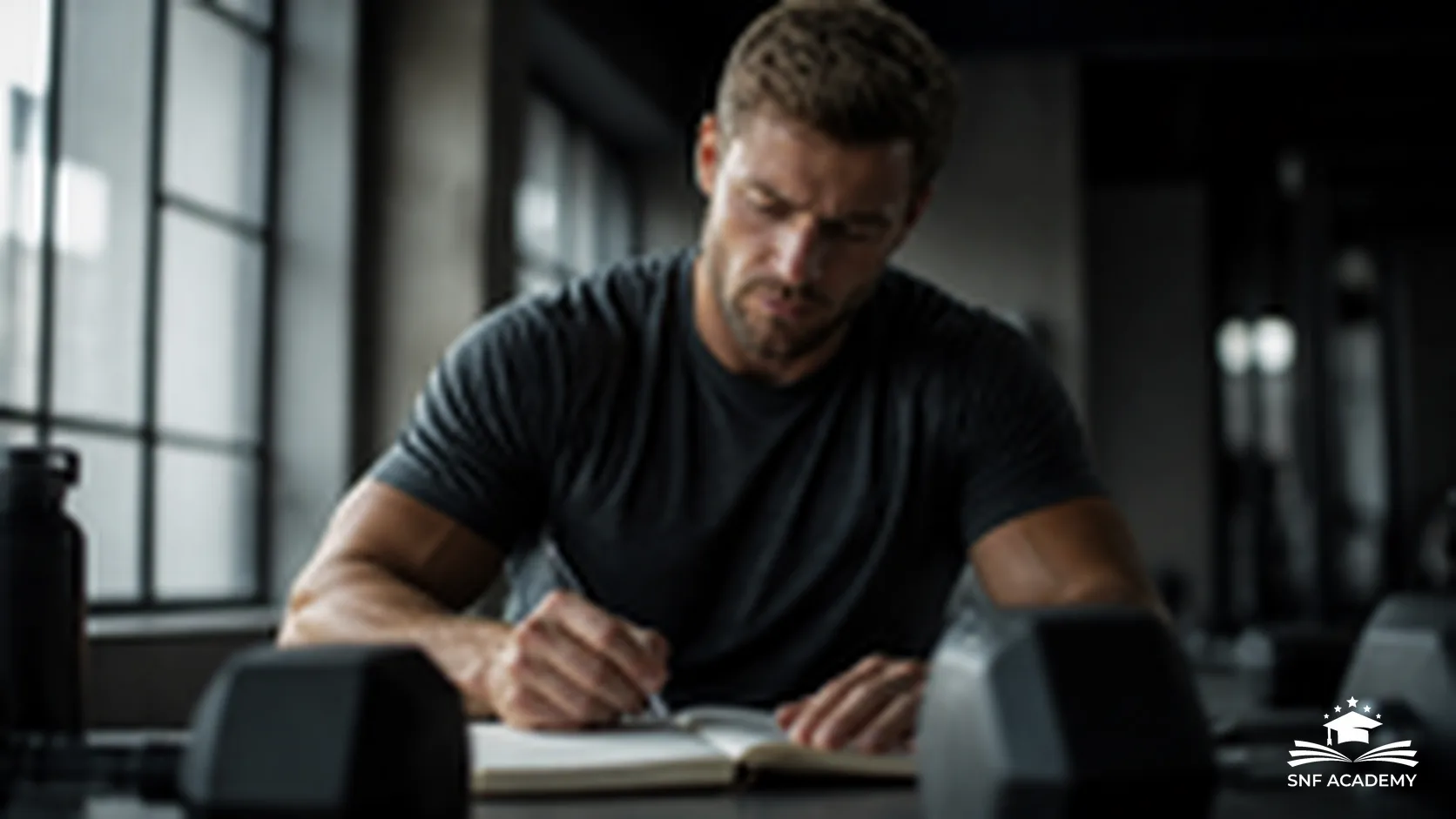 Mann plant im Notizbuch seinen Trainingsplan, im Vordergrund Hanteln in einem ruhigen Studio