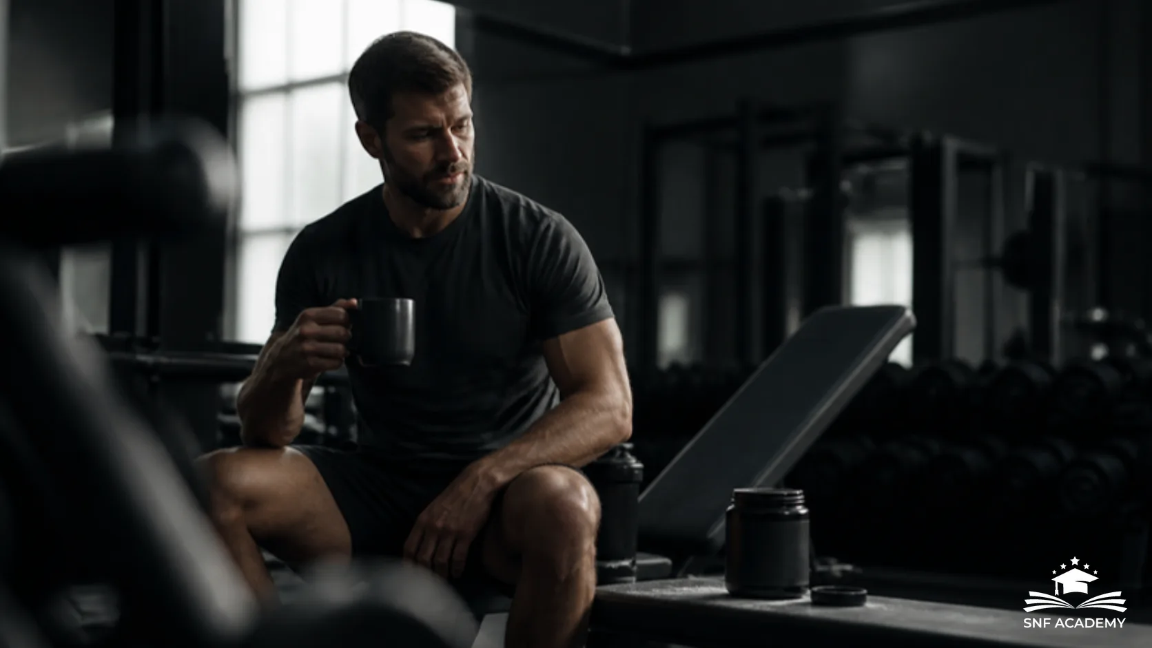 Sportler hält vor dem Training im dunklen Fitnessstudio eine Tasse Kaffee, daneben Hantelbank und Dose